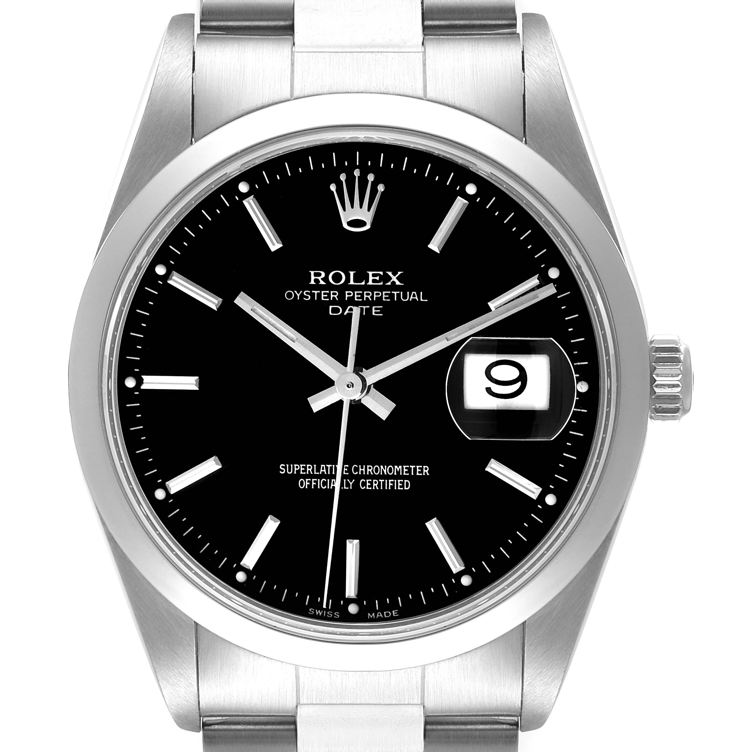 This Rolex Date 15200 Men
s Stainless Steel Black Dial 15200 Men
s Stainless Steel Black Dial model watch is shown from a frontal angle, highlighting its black dial, date window, and stainless steel bracelet.