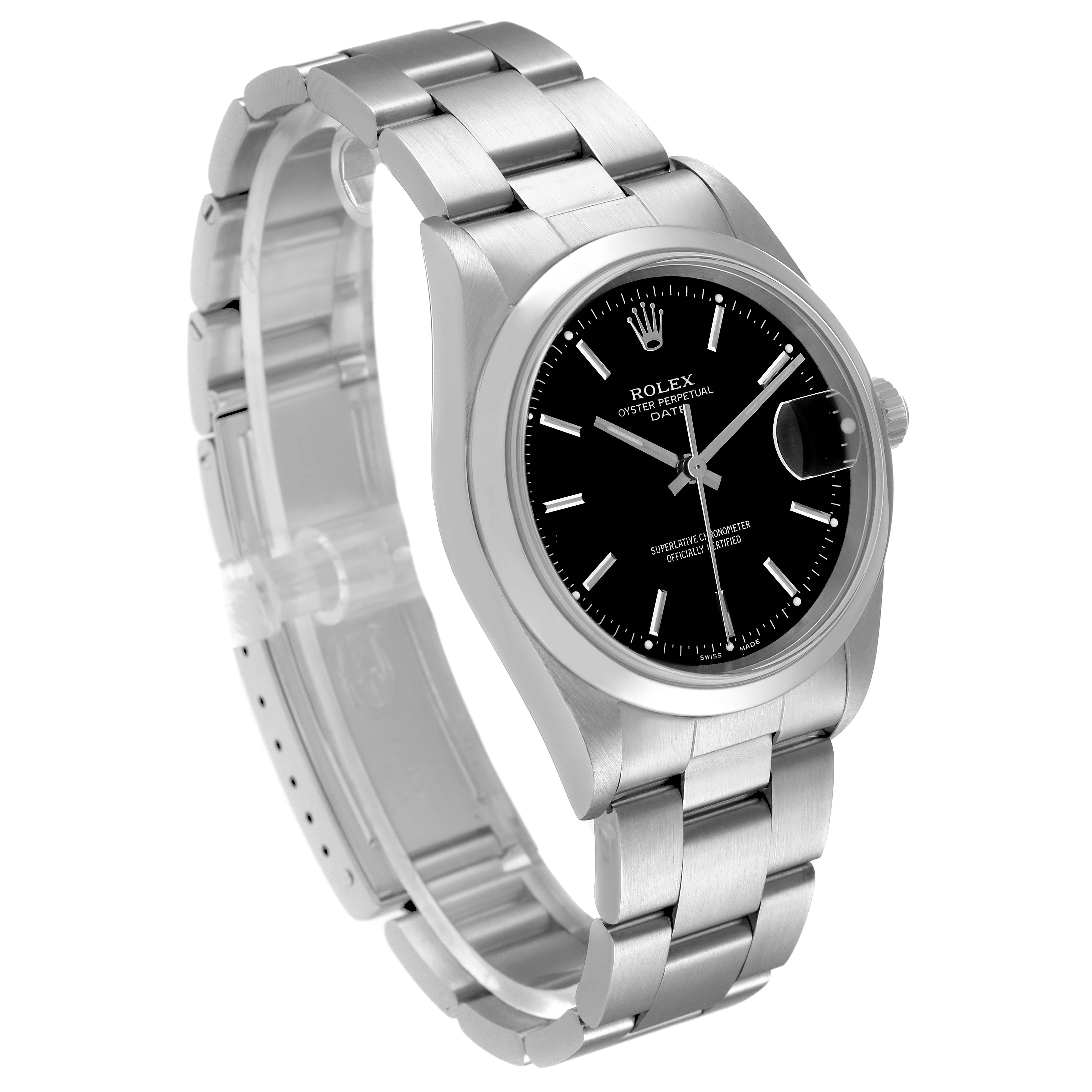 The image shows a Rolex Date 15200 Men
s Stainless Steel Black Dial 15200 Men
s Stainless Steel Black Dial model watch from a front angle, highlighting the bracelet, black dial, and case.