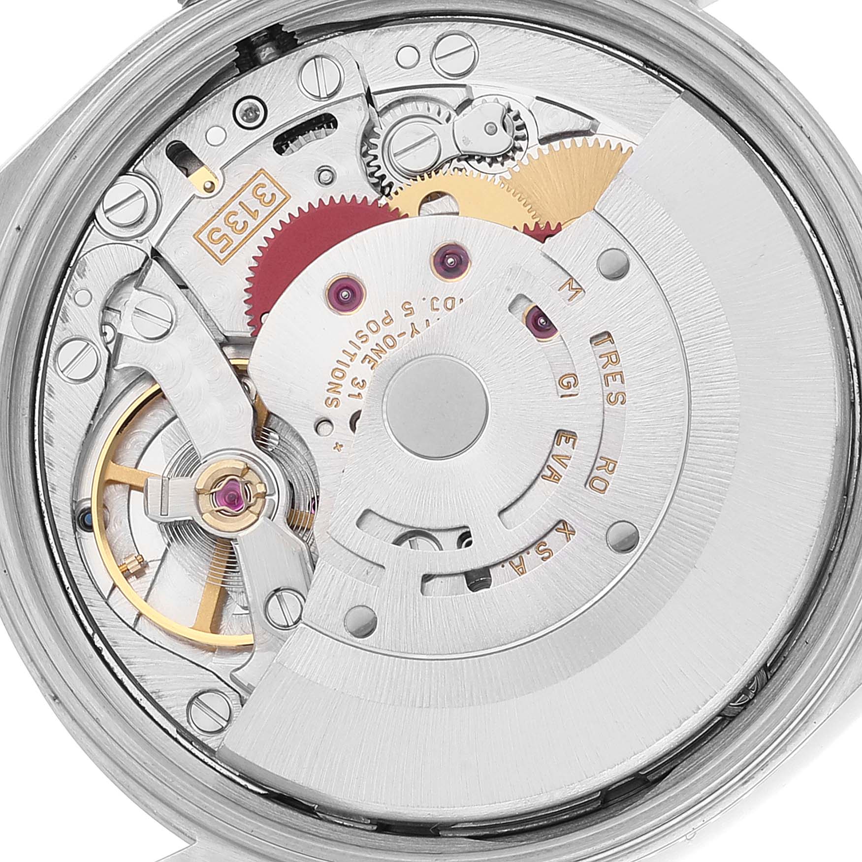 The image shows the internal mechanism of a Rolex Date 15200 Men
s Stainless Steel Black Dial 15200 Men
s Stainless Steel Black Dial model watch, showcasing gears and the rotor.