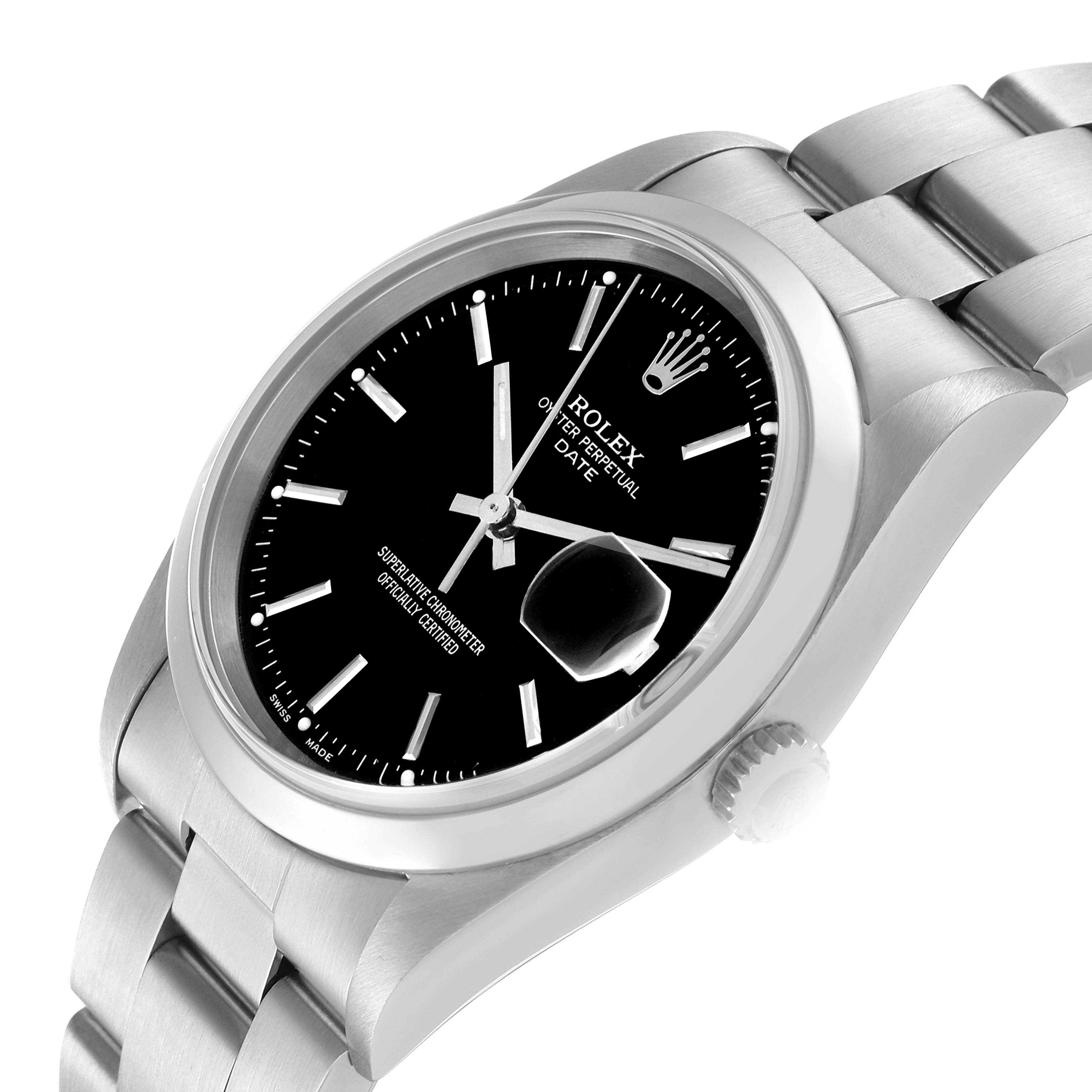 This image shows a side angle of a Rolex Date 15200 Men
s Stainless Steel Black Dial 15200 Men
s Stainless Steel Black Dial model watch, including the dial, bezel, case, and part of the bracelet.