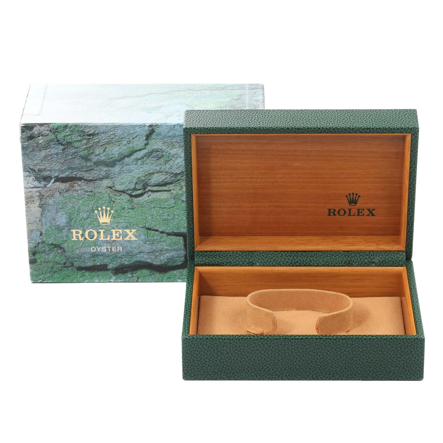 This image shows the open box and outer packaging for a Rolex Date 15200 Men
s Stainless Steel Black Dial 15200 Men
s Stainless Steel Black Dial model watch, revealing the cushioned interior.