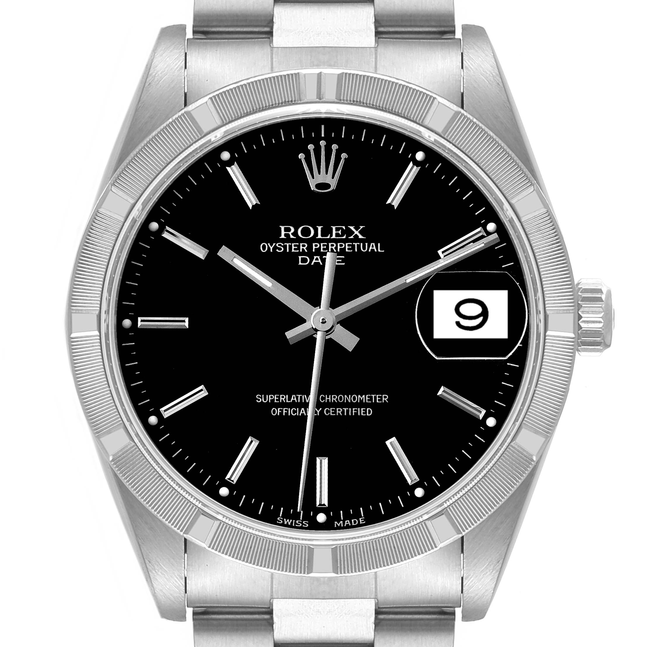 The image shows a front view of the Rolex Oyster Perpetual Date watch, highlighting the dial, bezel, and part of the bracelet.