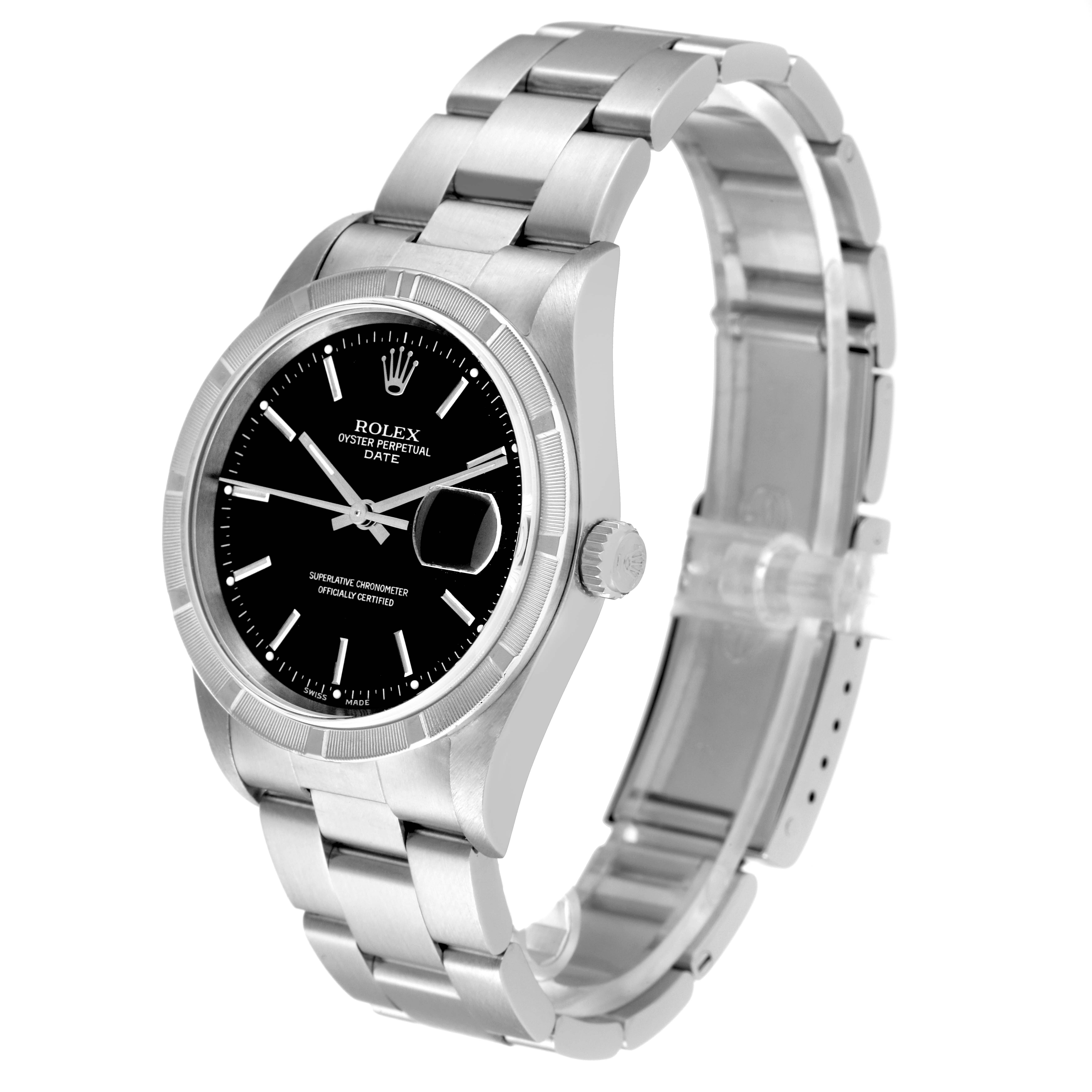 The image shows a Rolex Date 15210 Men
s Stainless Steel Black Dial 15210 Men
s Stainless Steel Black Dial model watch viewed from an angle showcasing the face, bezel, crown, and bracelet.