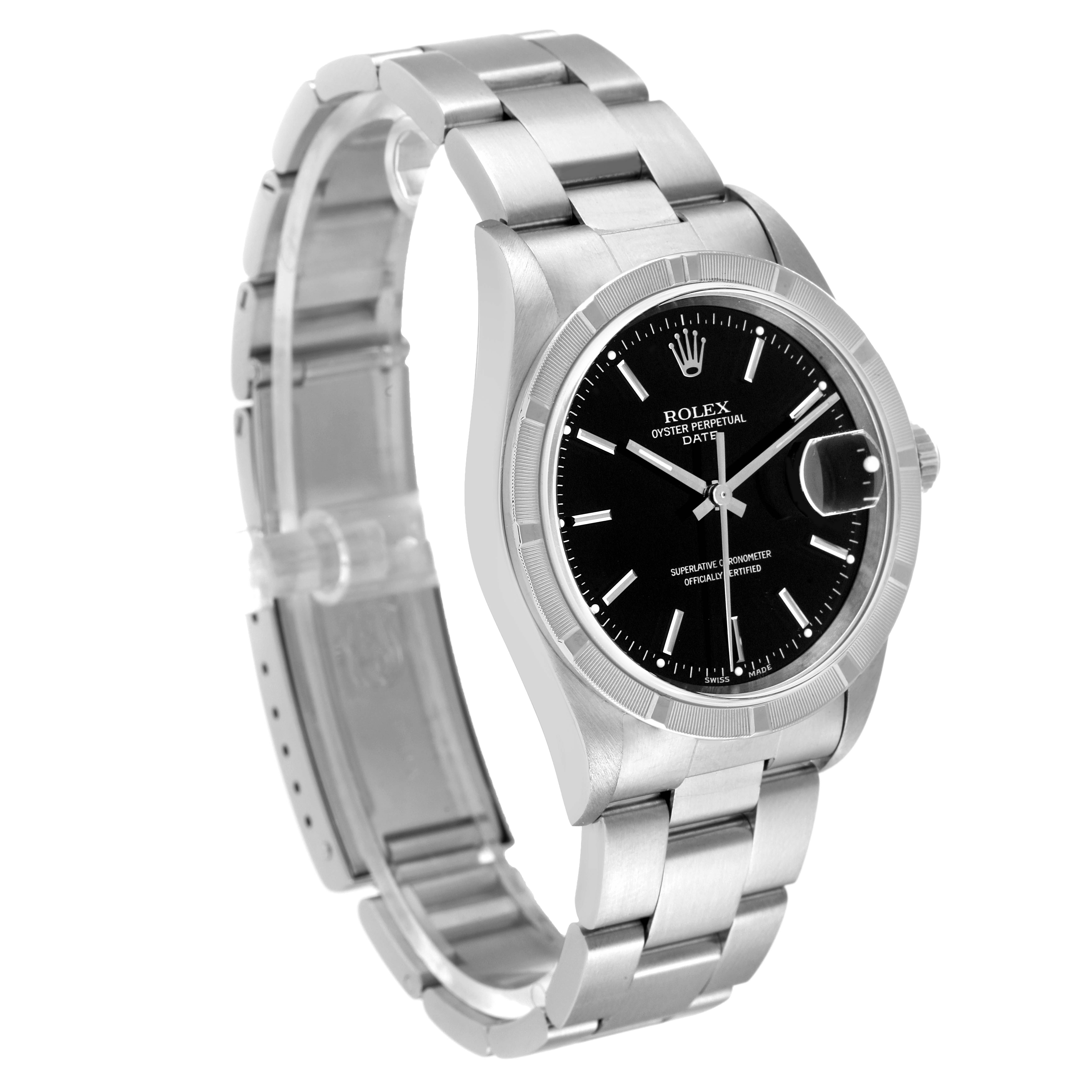 The image shows a Rolex Date 15210 Men
s Stainless Steel Black Dial 15210 Men
s Stainless Steel Black Dial model watch at a three-quarter angle, highlighting the dial, bracelet, and clasp.