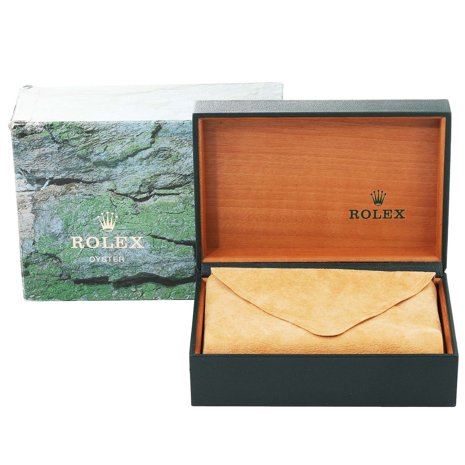 The image shows the packaging for a Rolex Date 15210 Men
s Stainless Steel Black Dial 15210 Men
s Stainless Steel Black Dial model watch, including the outer box, inner wooden box, and a protective pouch.
