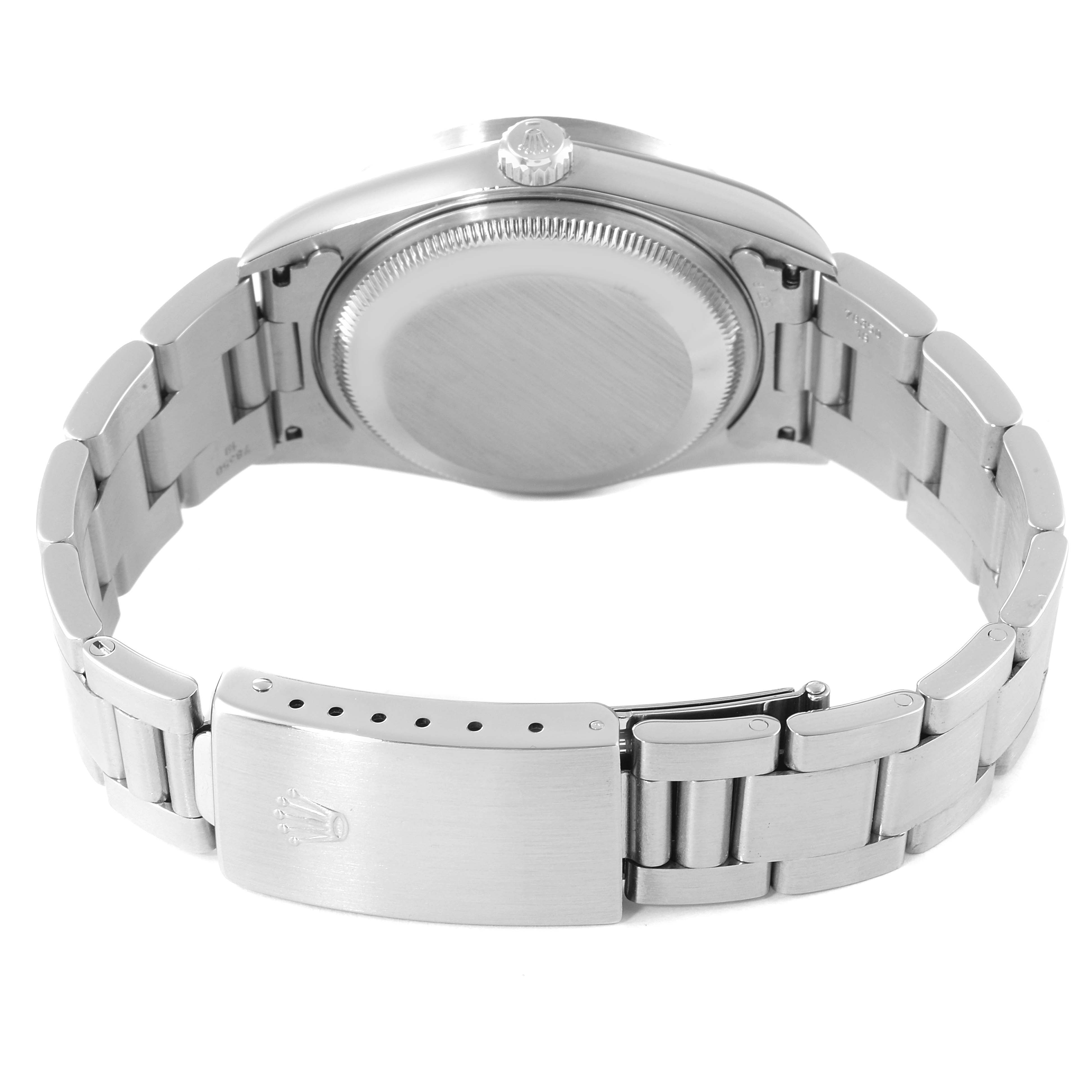 This image shows the back view of a Rolex Date 15210 Men
s Stainless Steel Black Dial 15210 Men
s Stainless Steel Black Dial model watch, highlighting the case back, crown, and the clasp of the metal bracelet.