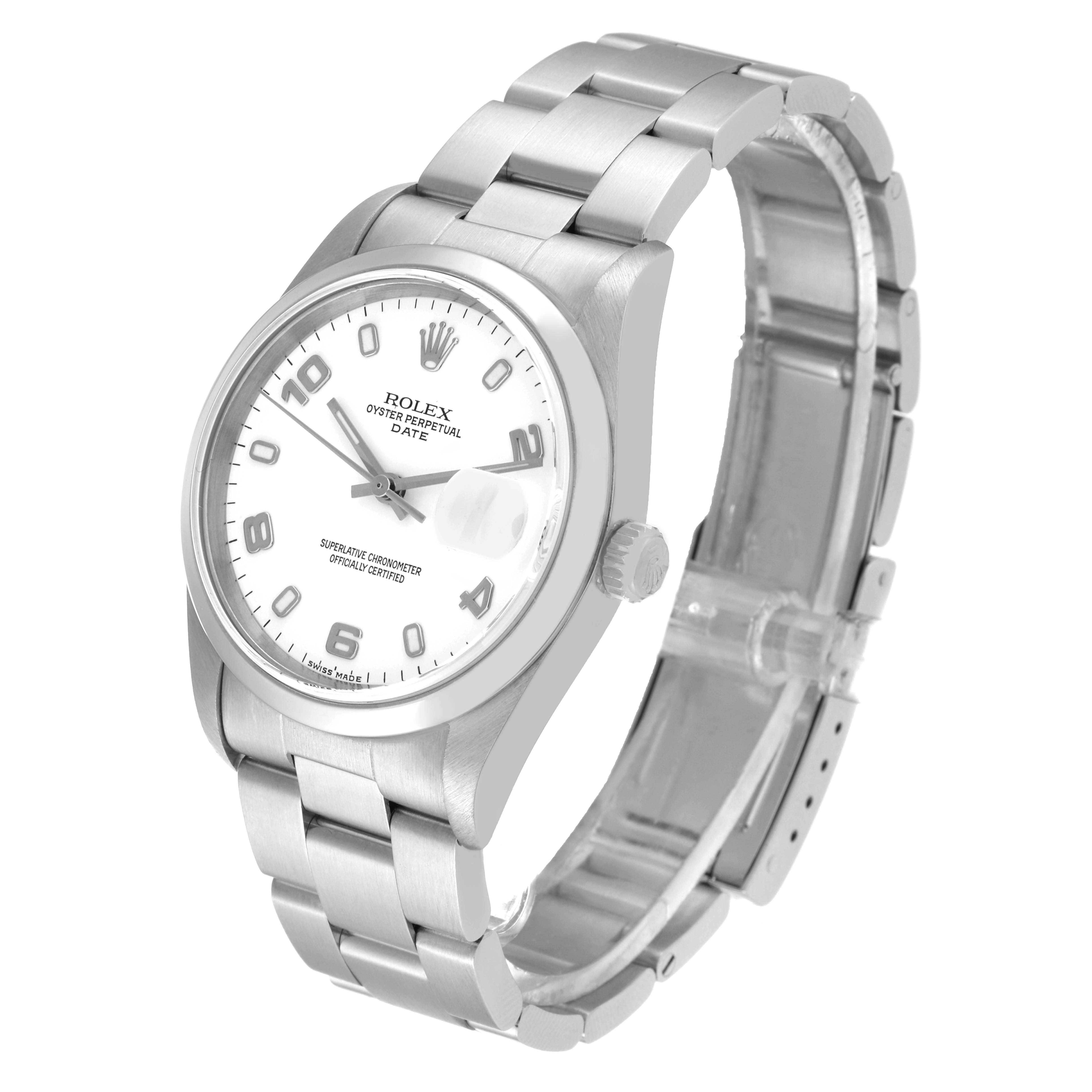 The Rolex Date 15200 Men's Stainless Steel White Dial 15200 Men's Stainless Steel White Dial model watch is shown at a three-quarter angle, displaying the face, bezel, crown, and part of the bracelet.