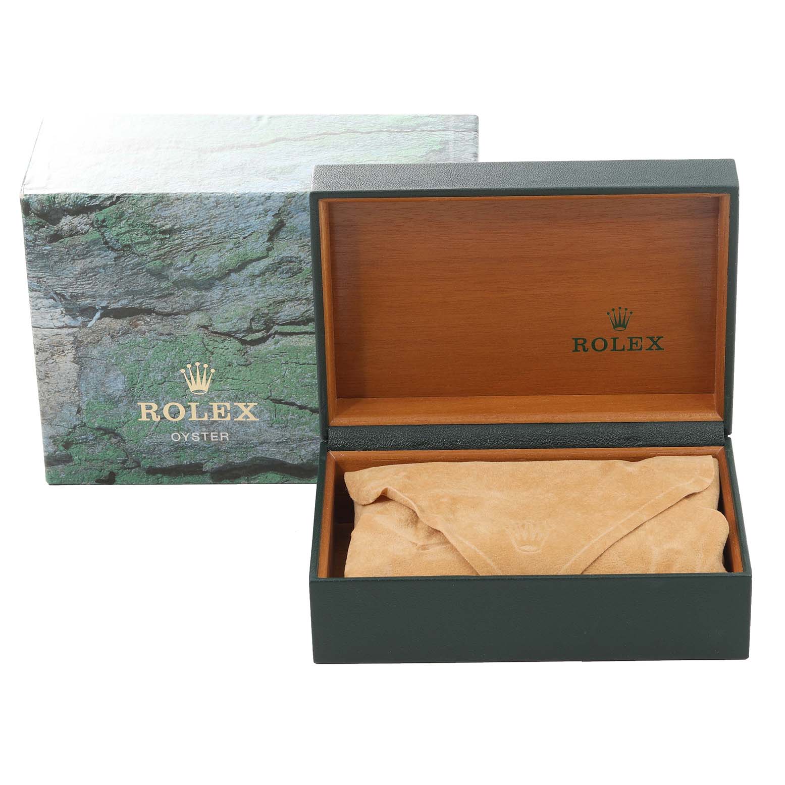 This image shows the packaging box and a suede cover for a Rolex Date 15200 Men's Stainless Steel White Dial 15200 Men's Stainless Steel White Dial model watch.