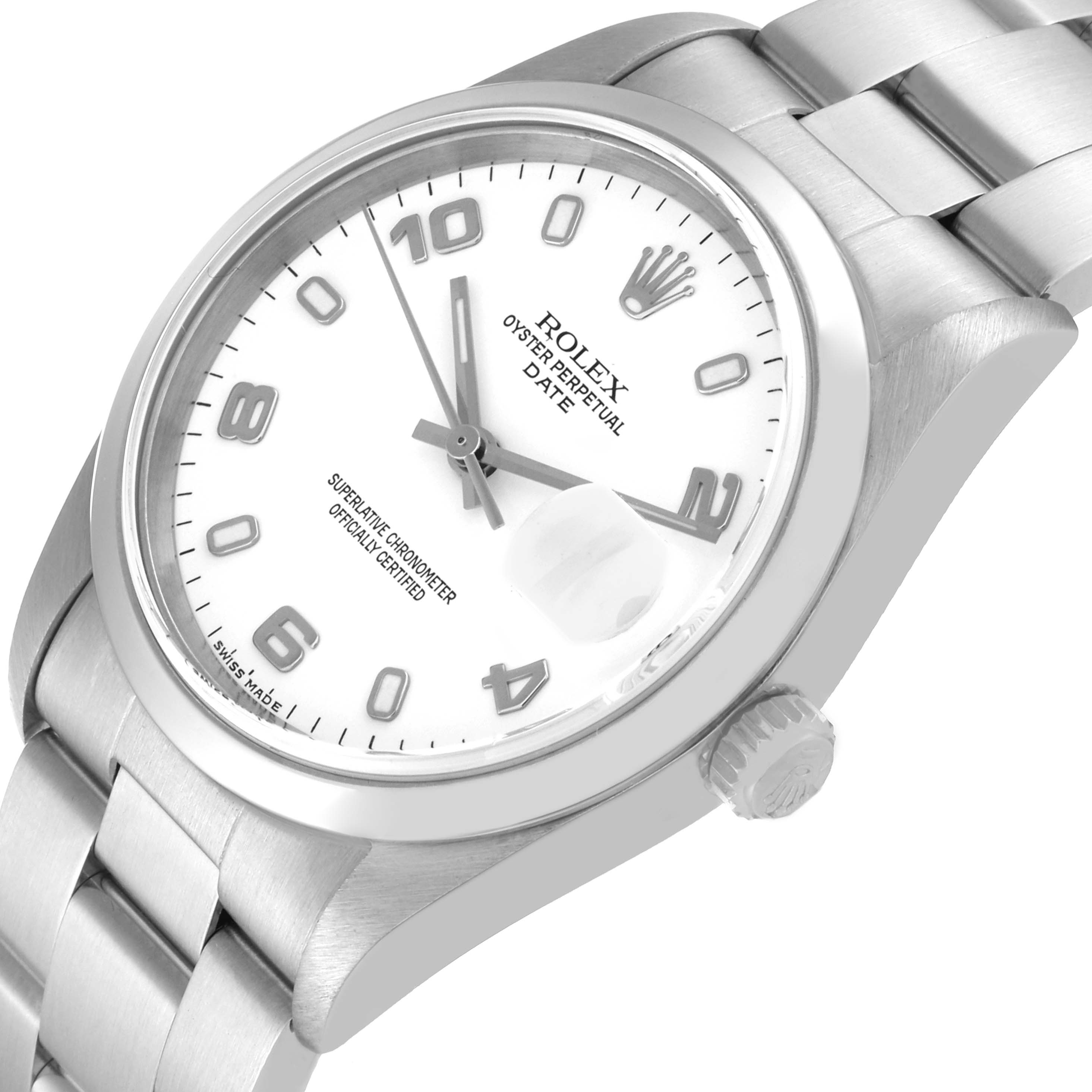 The image shows a Rolex Date 15200 Men's Stainless Steel White Dial 15200 Men's Stainless Steel White Dial model watch at an angle displaying the face, bezel, bracelet, and crown.