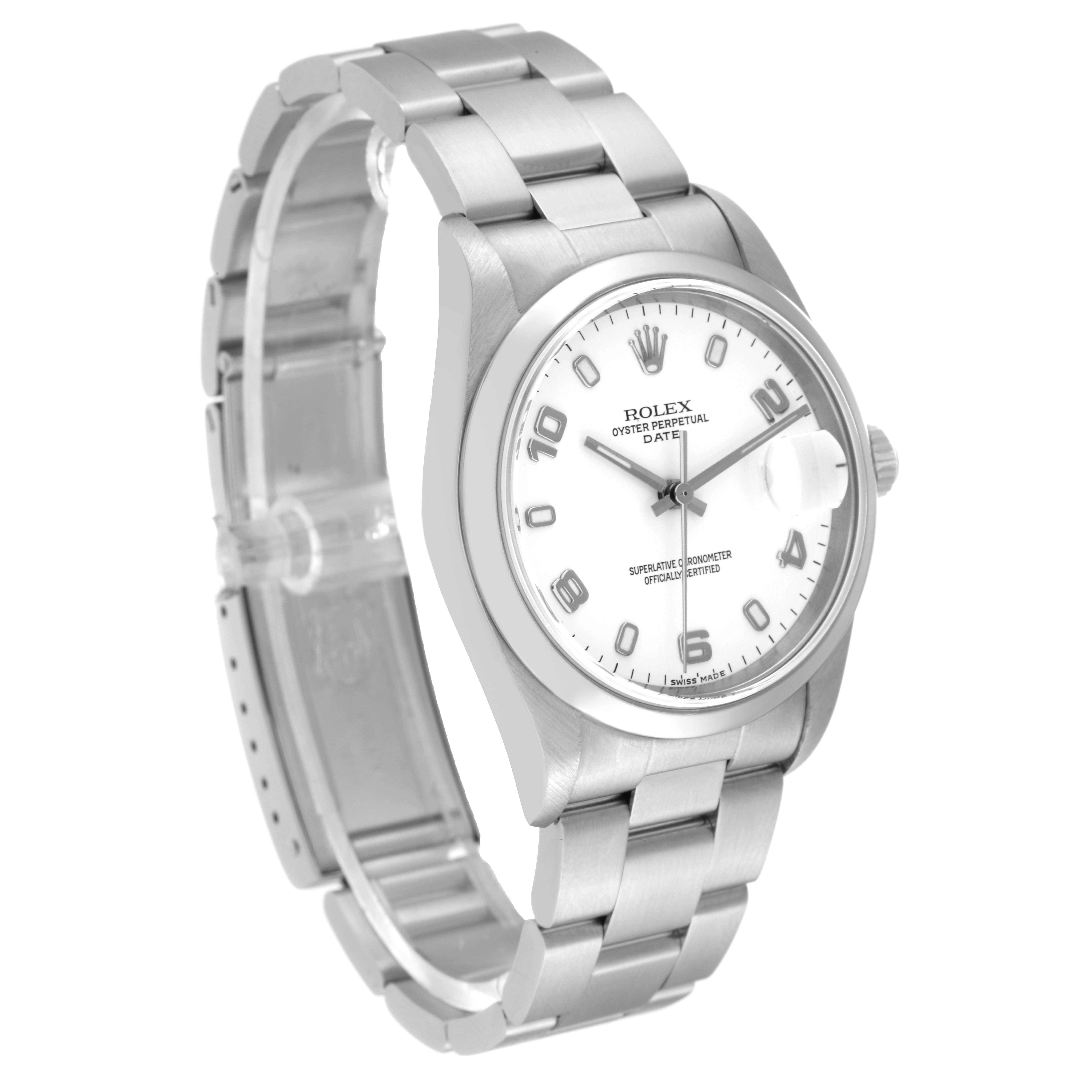 The image shows a side view of a Rolex Date 15200 Men's Stainless Steel White Dial 15200 Men's Stainless Steel White Dial model watch focusing on its dial, bezel, bracelet, and clasp.