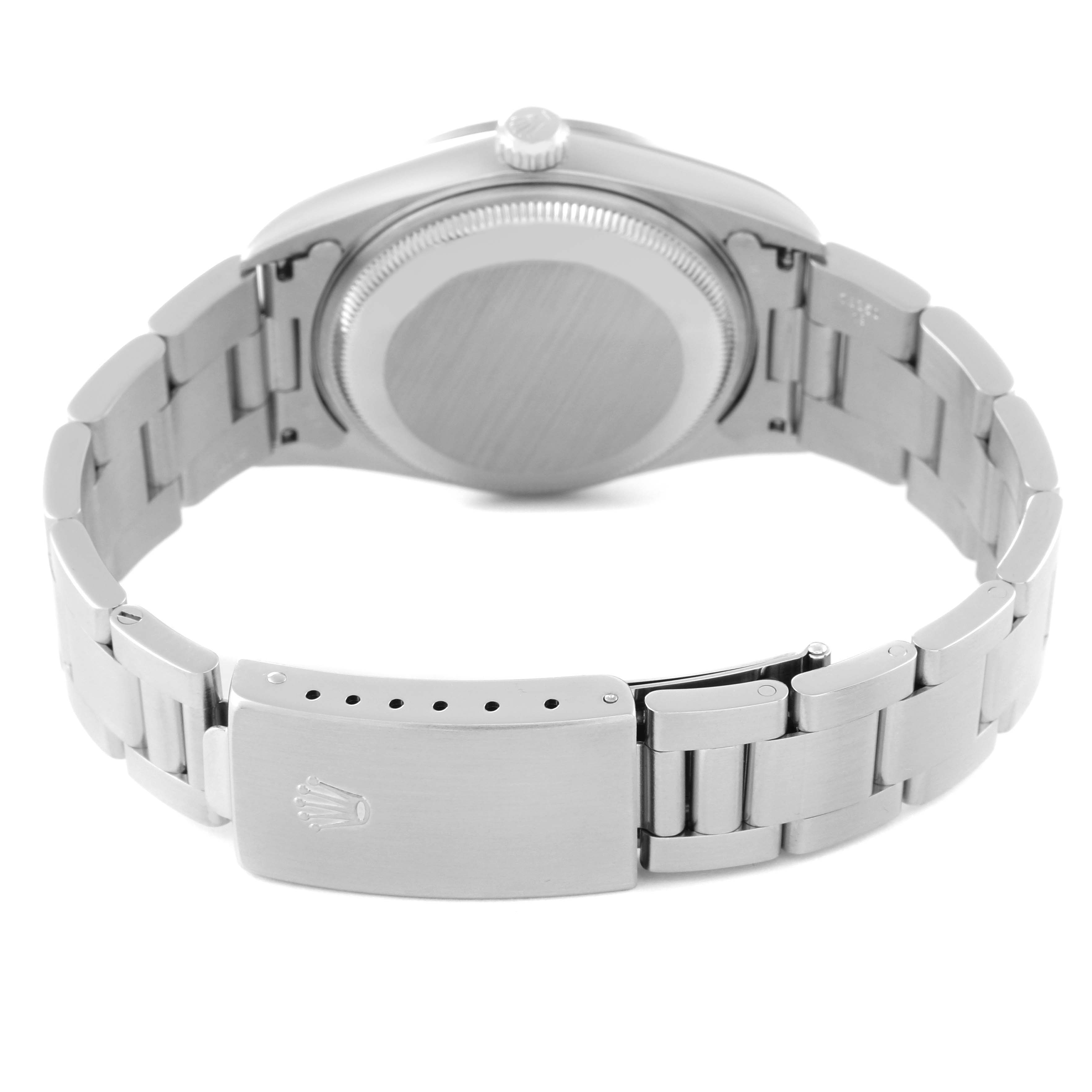 The image shows the back view and clasp of the Rolex Date 15200 Men's Stainless Steel White Dial 15200 Men's Stainless Steel White Dial model watch, highlighting the bracelet and caseback.