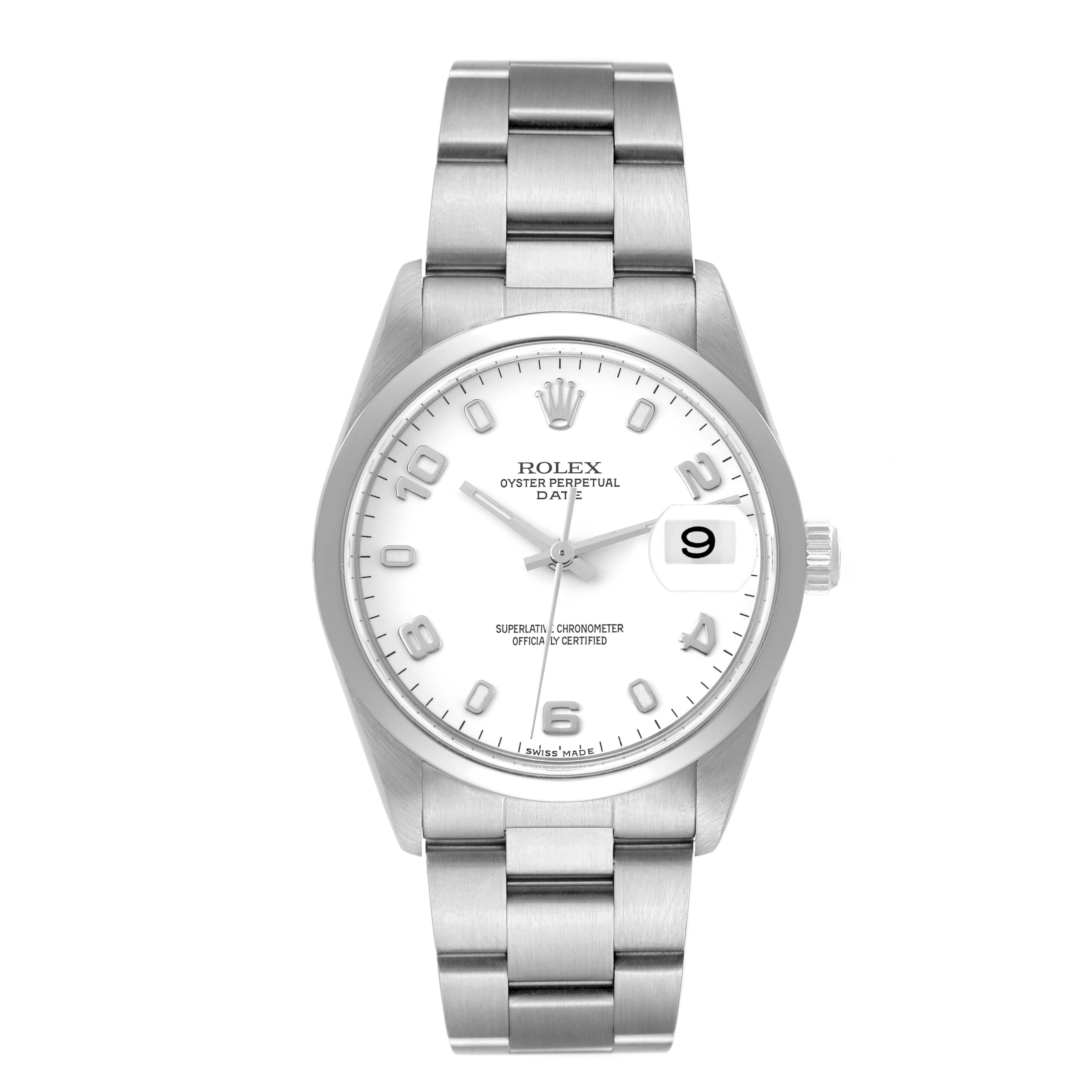 The Rolex Date 15200 Men's Stainless Steel White Dial 15200 Men's Stainless Steel White Dial watch is shown from a front angle, displaying its dial, case, and bracelet.