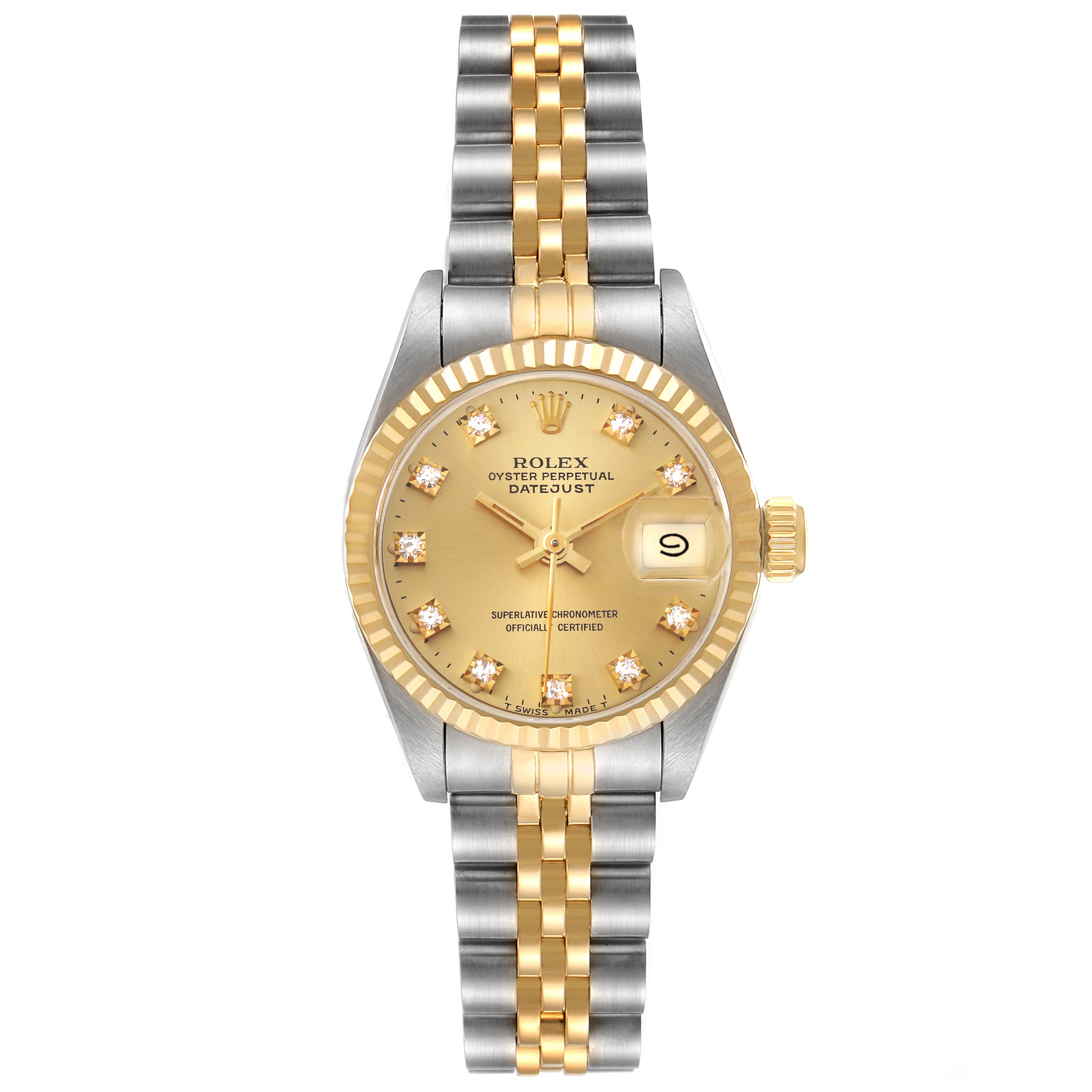 This image shows a frontal view of a Rolex Datejust 69173 Women's Steel and Gold (two tone) Champagne Dial 69173 Women's Steel and Gold (two tone) Champagne Dial watch, highlighting its gold and silver bracelet, fluted bezel, and date window.