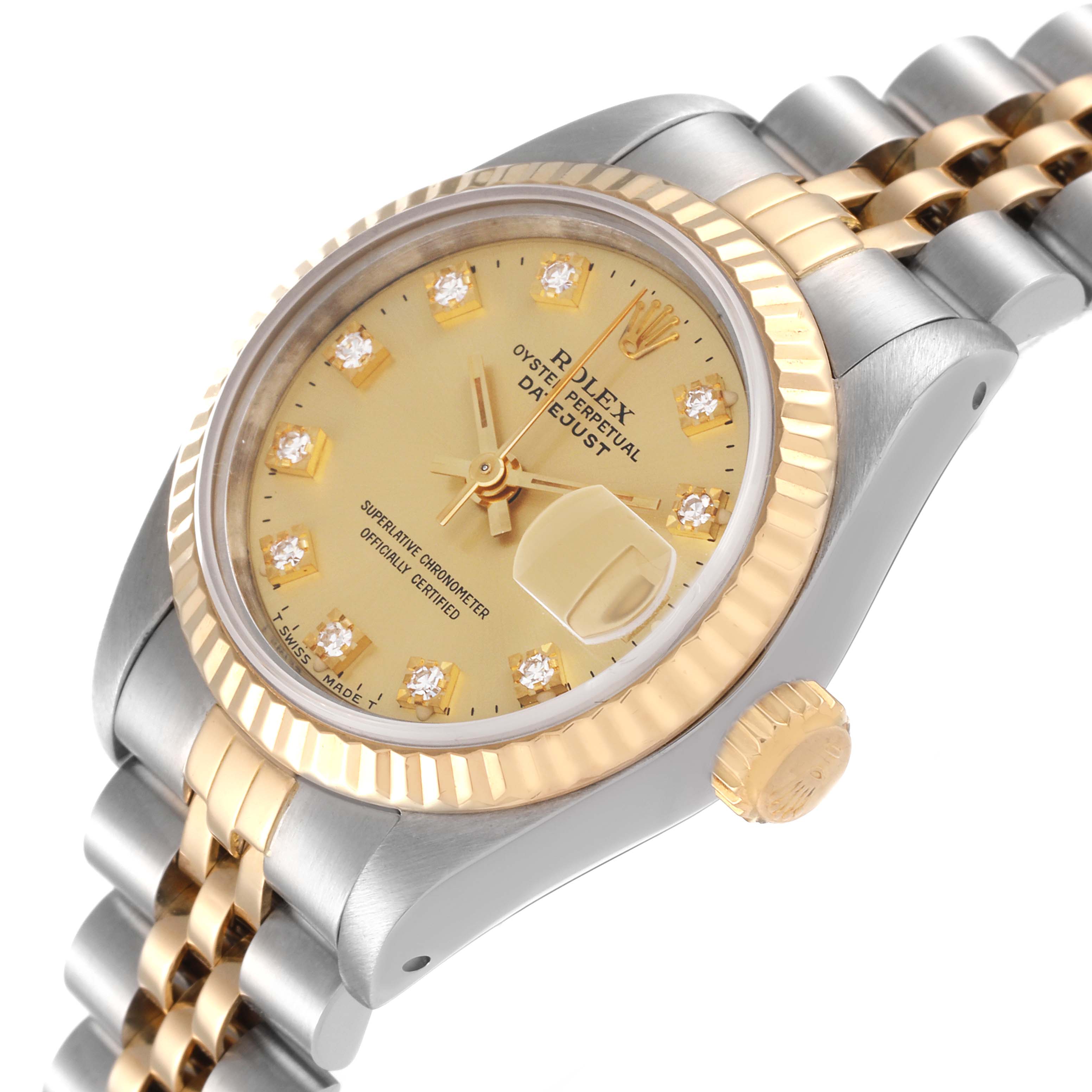 The image shows a Rolex Datejust 69173 Women's Steel and Gold (two tone) Champagne Dial 69173 Women's Steel and Gold (two tone) Champagne Dial watch at a three-quarter angle, highlighting the dial, bezel, crown, and bracelet.