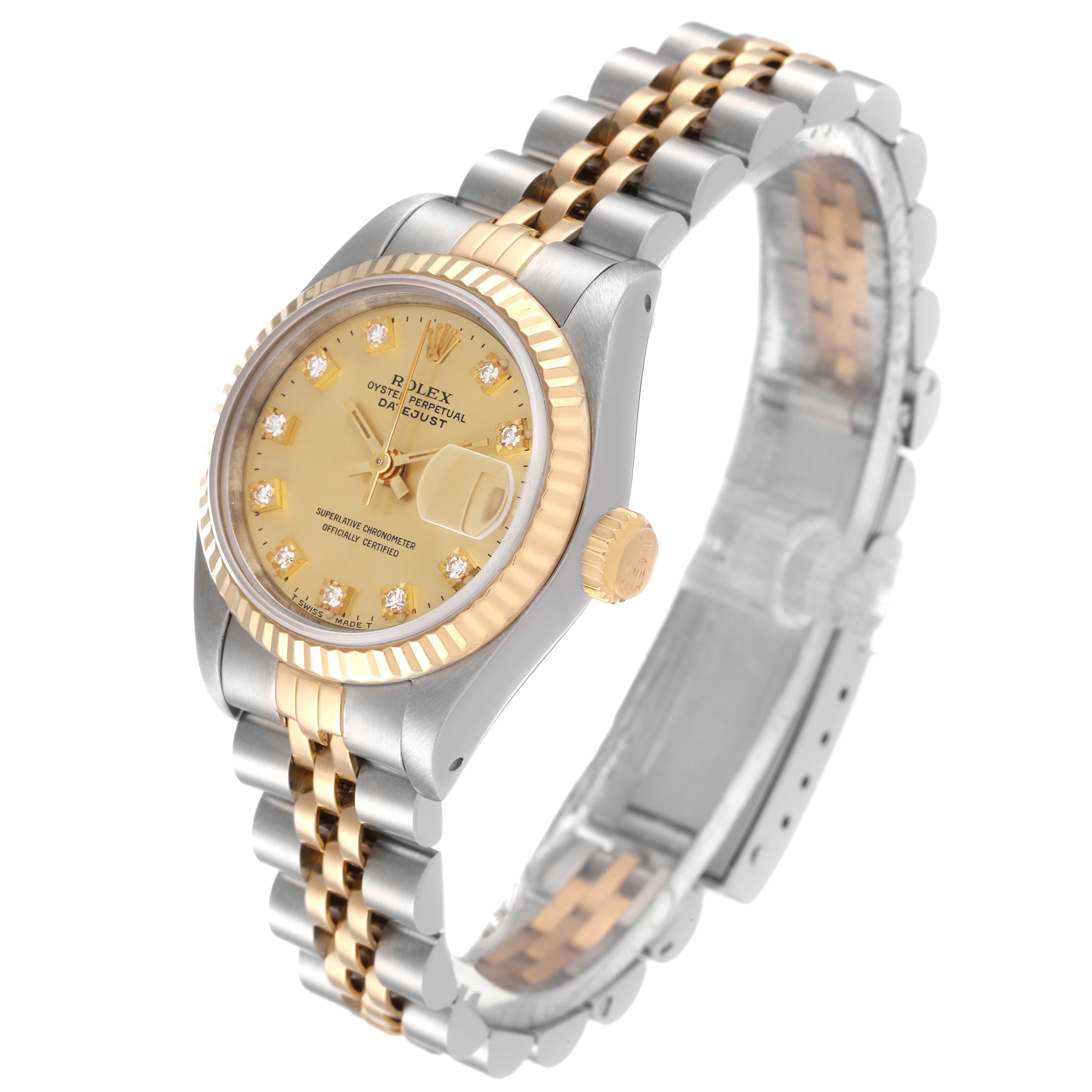 The image shows a Rolex Datejust 69173 Women's Steel and Gold (two tone) Champagne Dial 69173 Women's Steel and Gold (two tone) Champagne Dial watch at a three-quarter angle, highlighting the dial, bezel, crown, and bracelet.