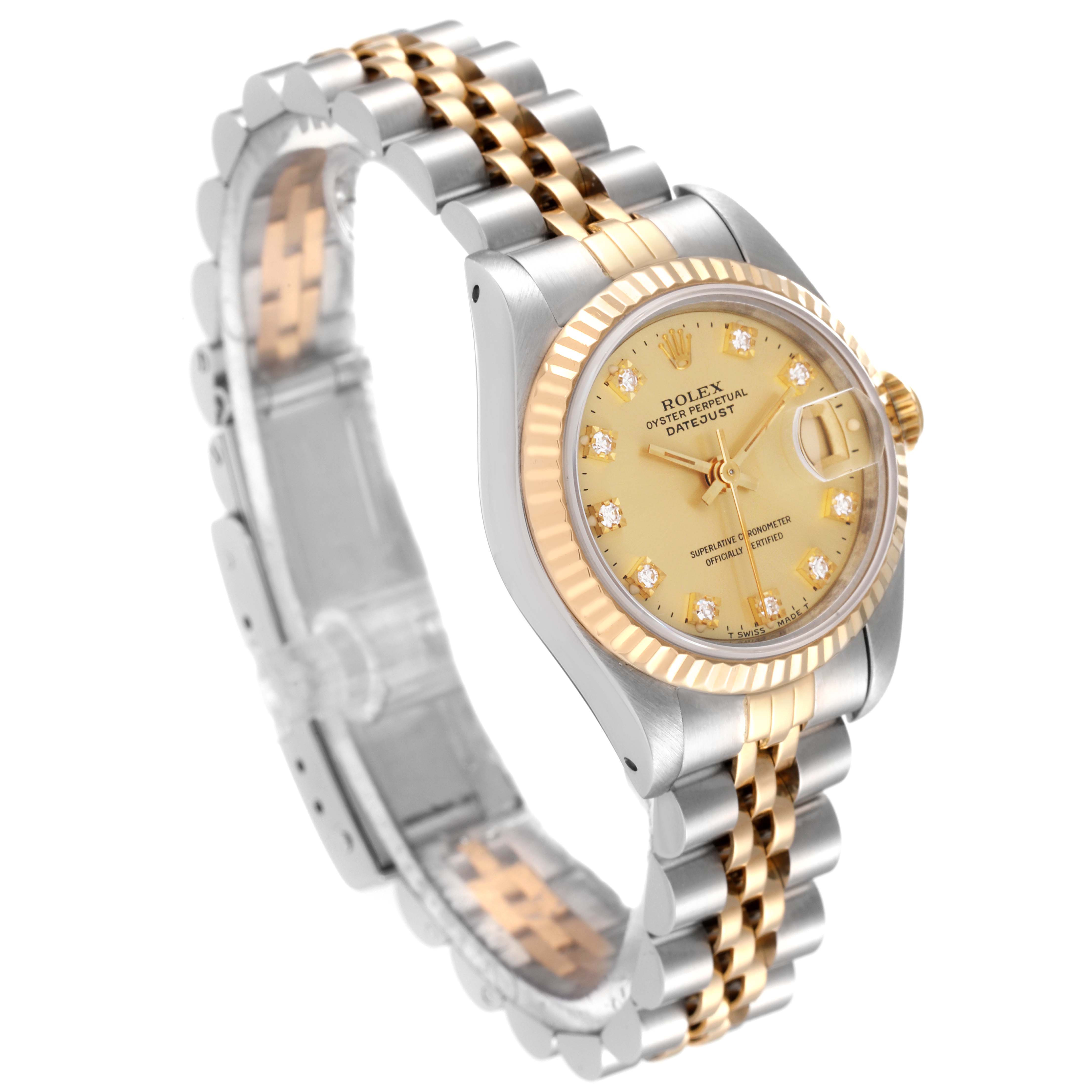 This image shows a Rolex Datejust 69173 Women's Steel and Gold (two tone) Champagne Dial 69173 Women's Steel and Gold (two tone) Champagne Dial watch at a three-quarter angle, highlighting the face, bezel, and part of the bracelet.