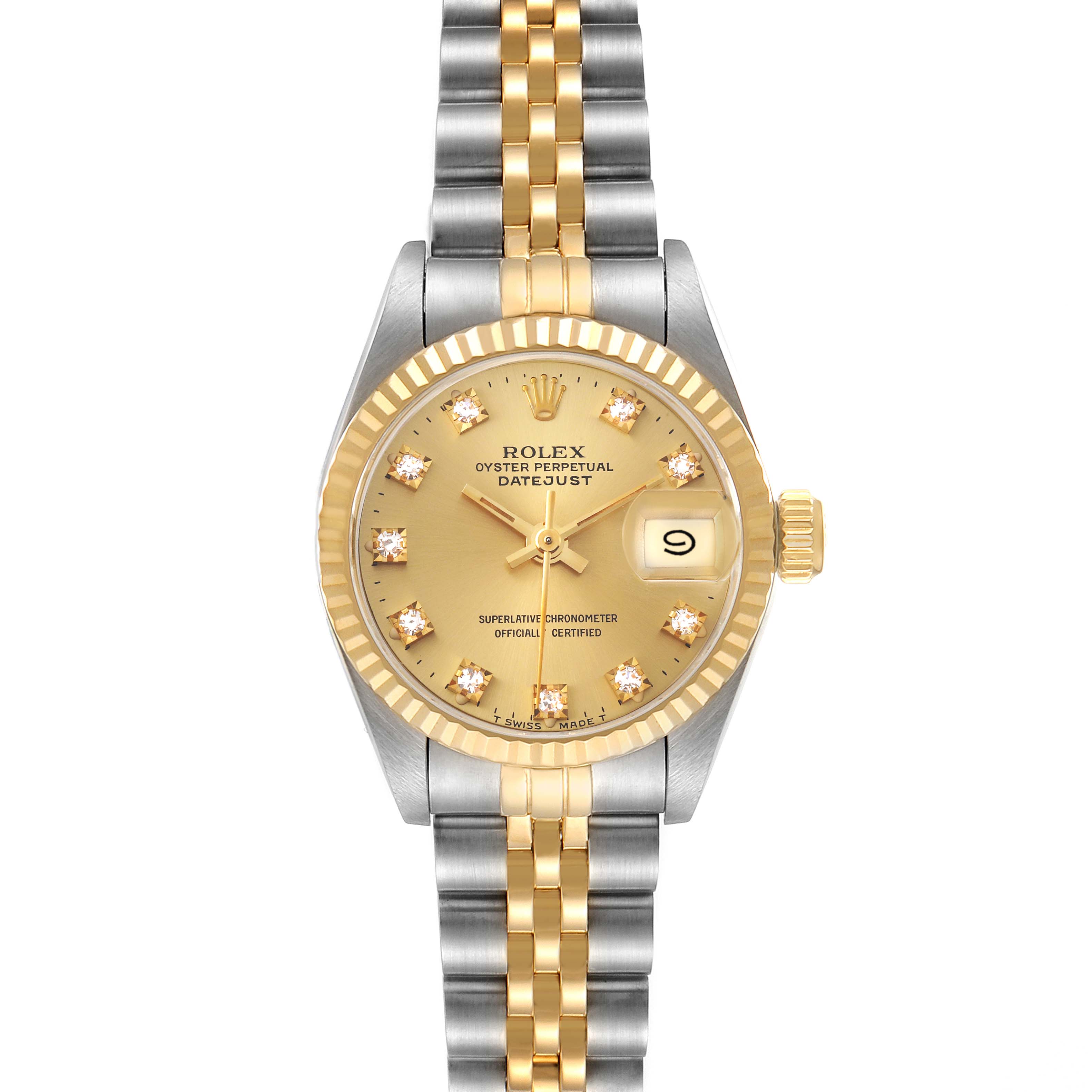 This Rolex Datejust 69173 Women's Steel and Gold (two tone) Champagne Dial 69173 Women's Steel and Gold (two tone) Champagne Dial watch is shown from the front, featuring its face, bezel, bracelet, crown, and date window.