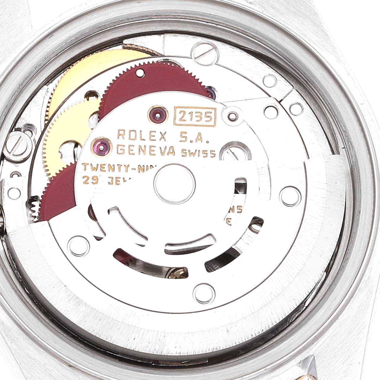 The image shows the internal mechanics or movement of a Rolex Datejust 69173 Women's Steel and Gold (two tone) Champagne Dial 69173 Women's Steel and Gold (two tone) Champagne Dial watch, viewed from the back.