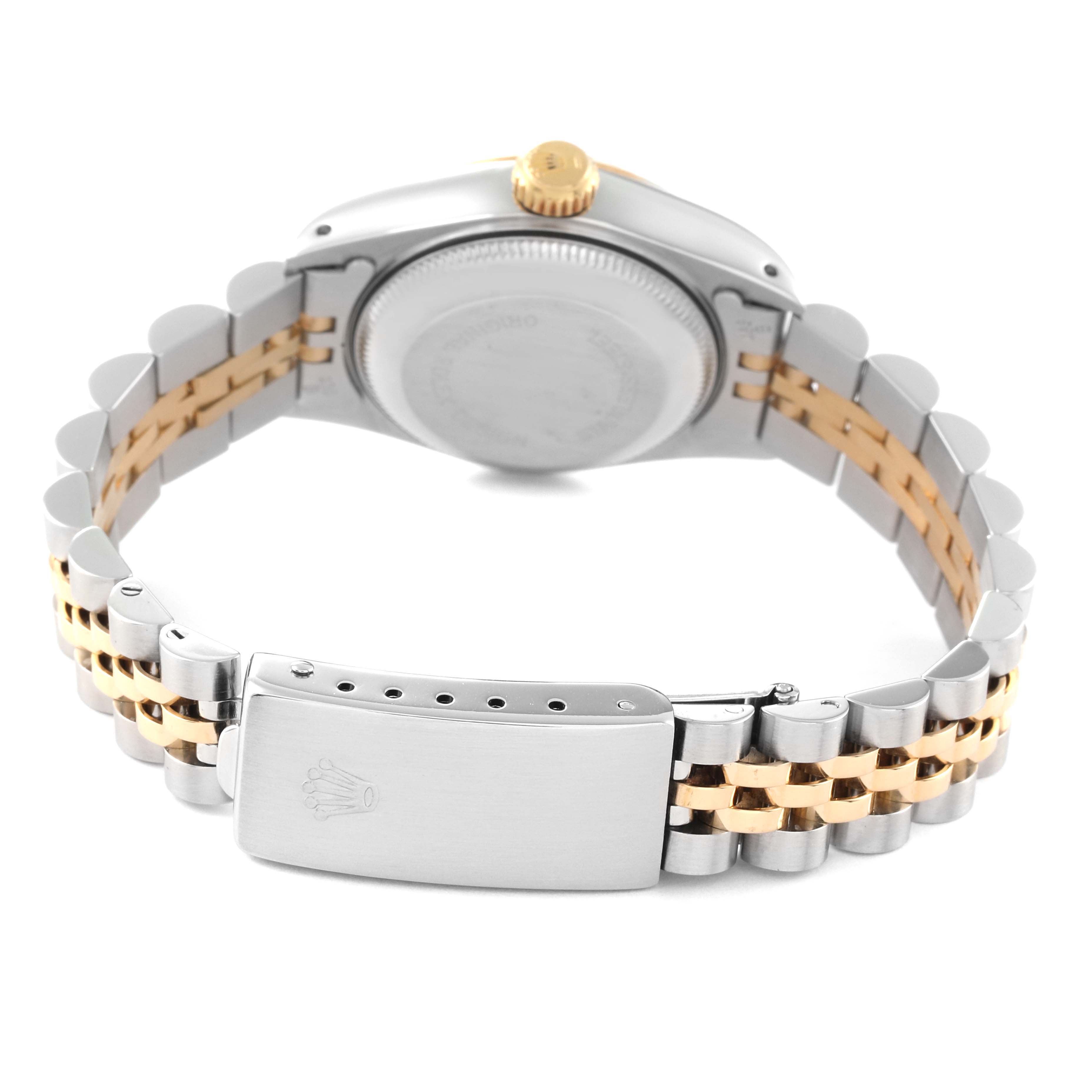 The image shows the back view of a Rolex Datejust 69173 Women's Steel and Gold (two tone) Champagne Dial 69173 Women's Steel and Gold (two tone) Champagne Dial watch, highlighting its clasp and two-tone bracelet.