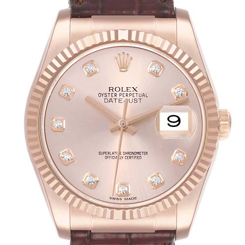 The Rolex Datejust 116135 Men's Rose Gold Pink Dial watch is shown from the front, highlighting its dial, fluted bezel, and side crown.