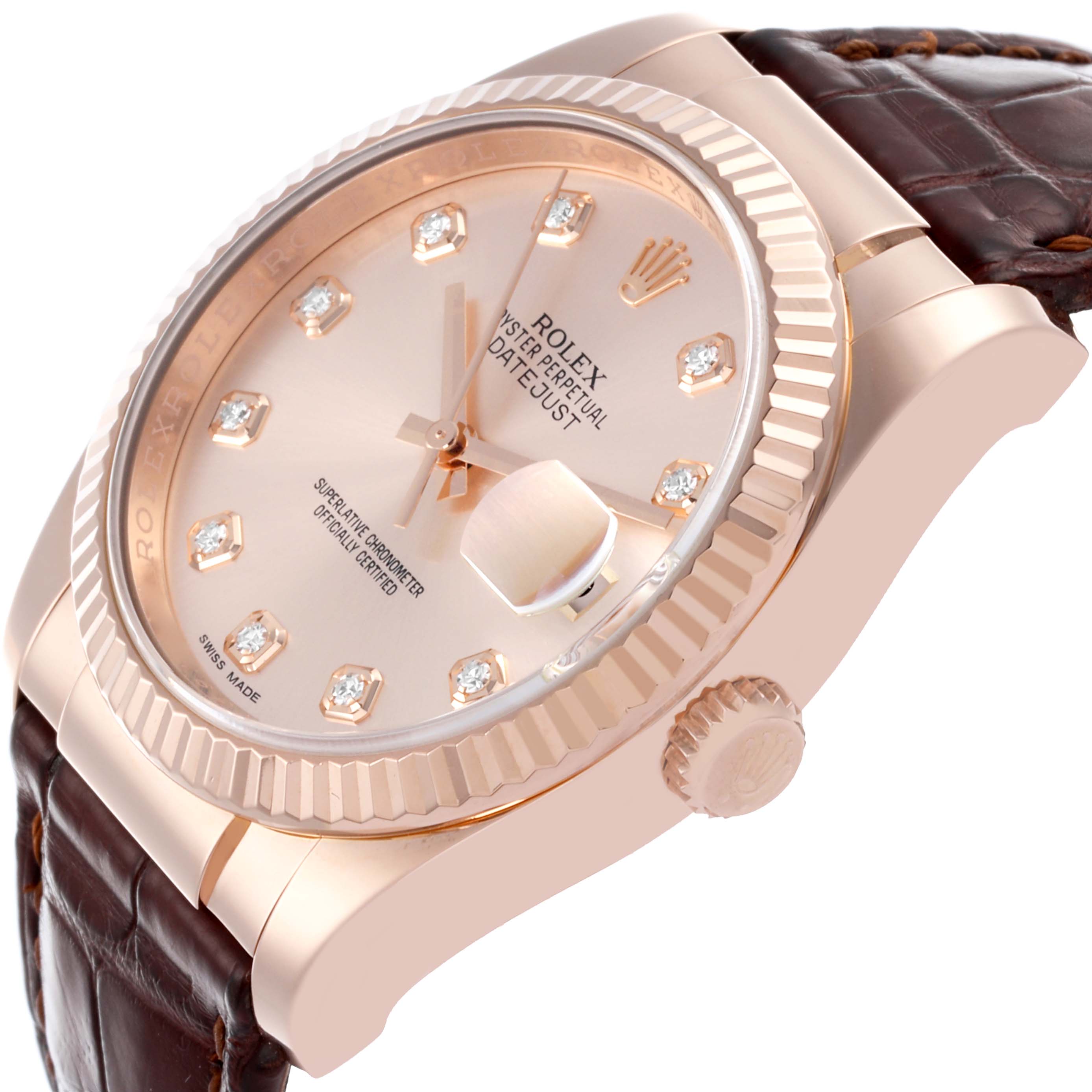 The Rolex Datejust 116135 Men's Rose Gold Pink Dial 116135 Men's Rose Gold Pink Dial watch is shown at an angled close-up, highlighting the dial, bezel, crown, and leather strap.