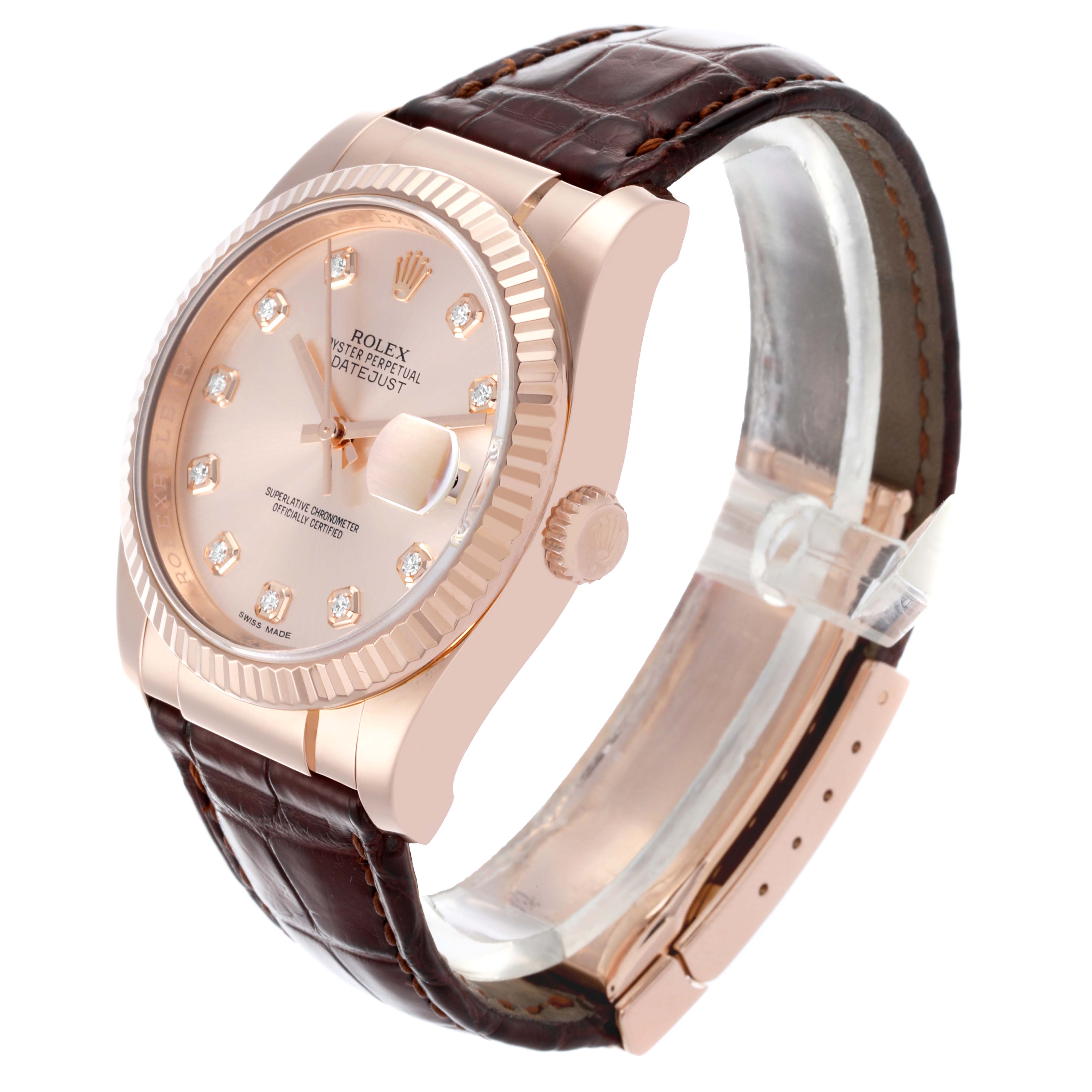 The Rolex Datejust 116135 Men's Rose Gold Pink Dial 116135 Men's Rose Gold Pink Dial watch is shown at a three-quarter angle, displaying its face, side, crown, and leather strap.