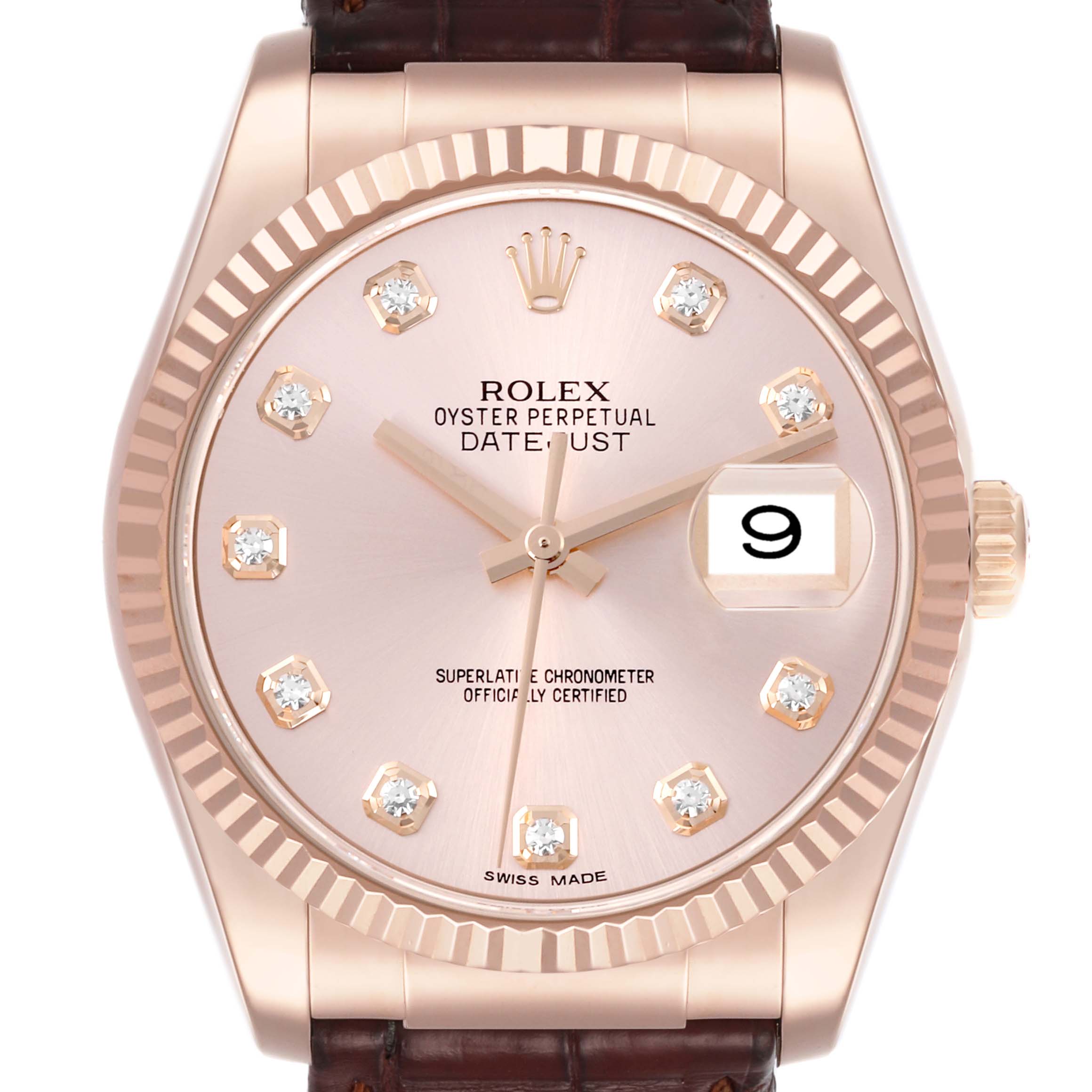 The Rolex Datejust 116135 Men's Rose Gold Pink Dial 116135 Men's Rose Gold Pink Dial is shown from the front, displaying the dial, bezel, markers, crown, and part of the strap.
