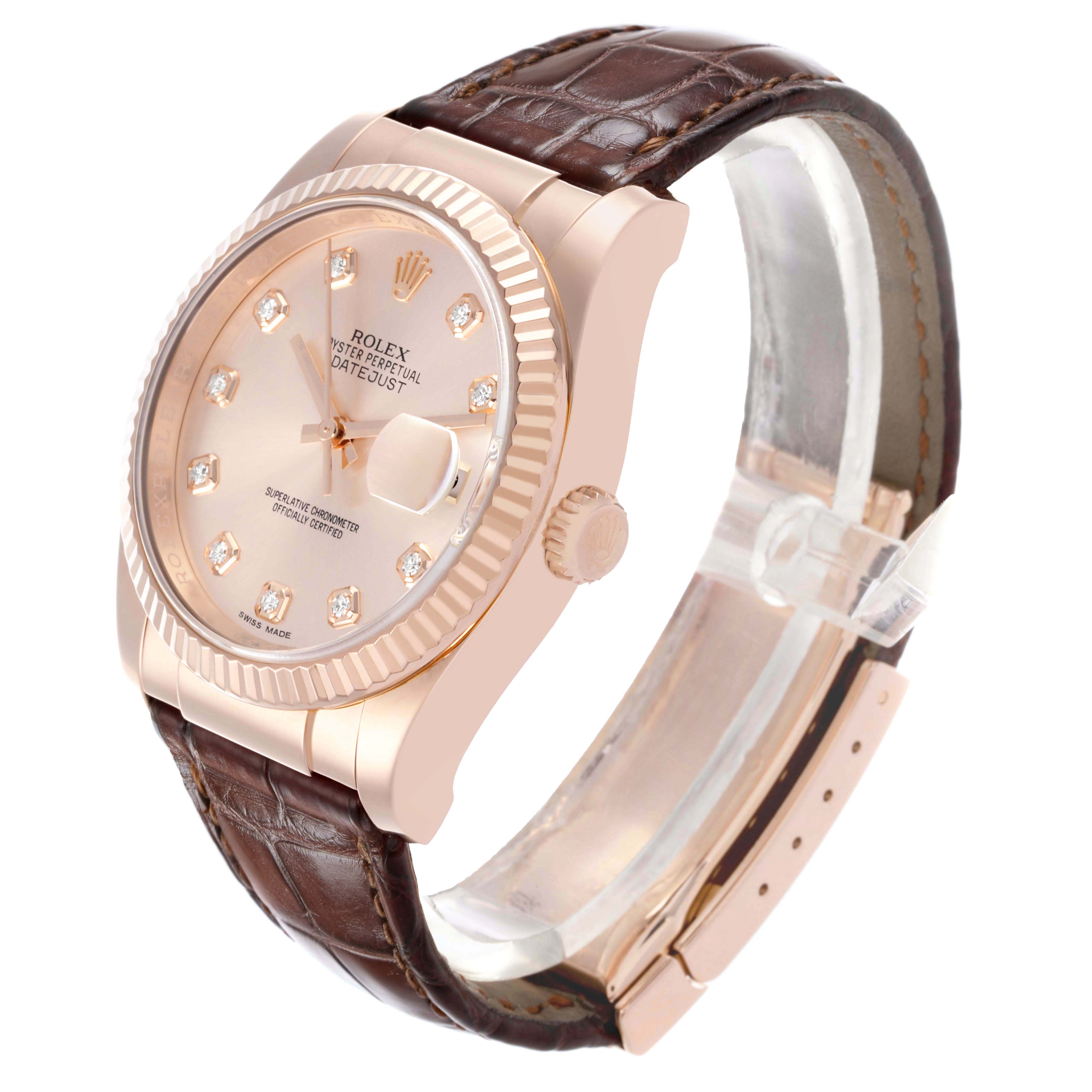 The Rolex Datejust 116135 Men's Rose Gold Pink Dial watch is shown at a three-quarter angle, featuring the dial, fluted bezel, crown, and leather strap.