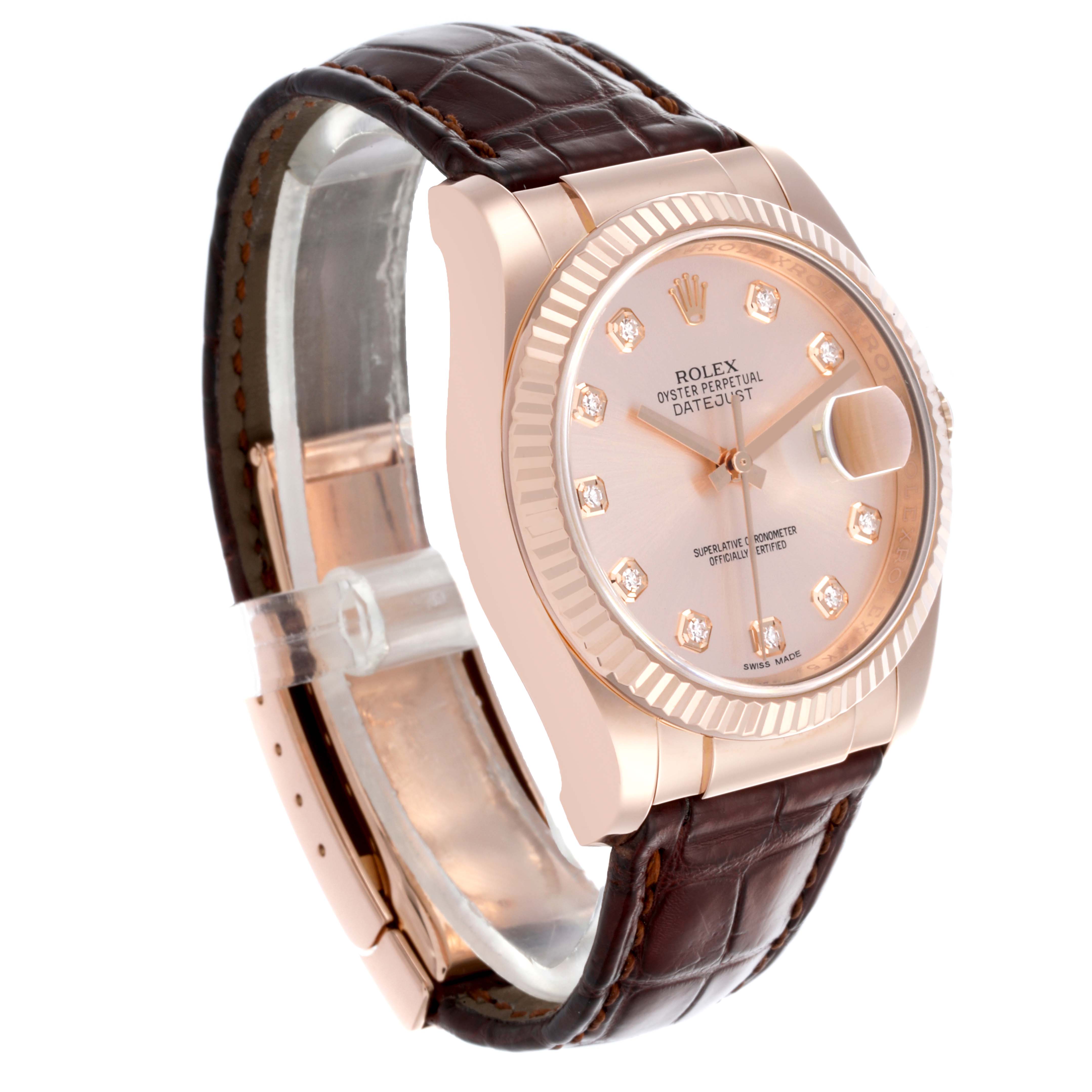 The image shows a Rolex Datejust 116135 Men's Rose Gold Pink Dial 116135 Men's Rose Gold Pink Dial watch at a three-quarter angle, highlighting the dial, bezel, and leather strap.