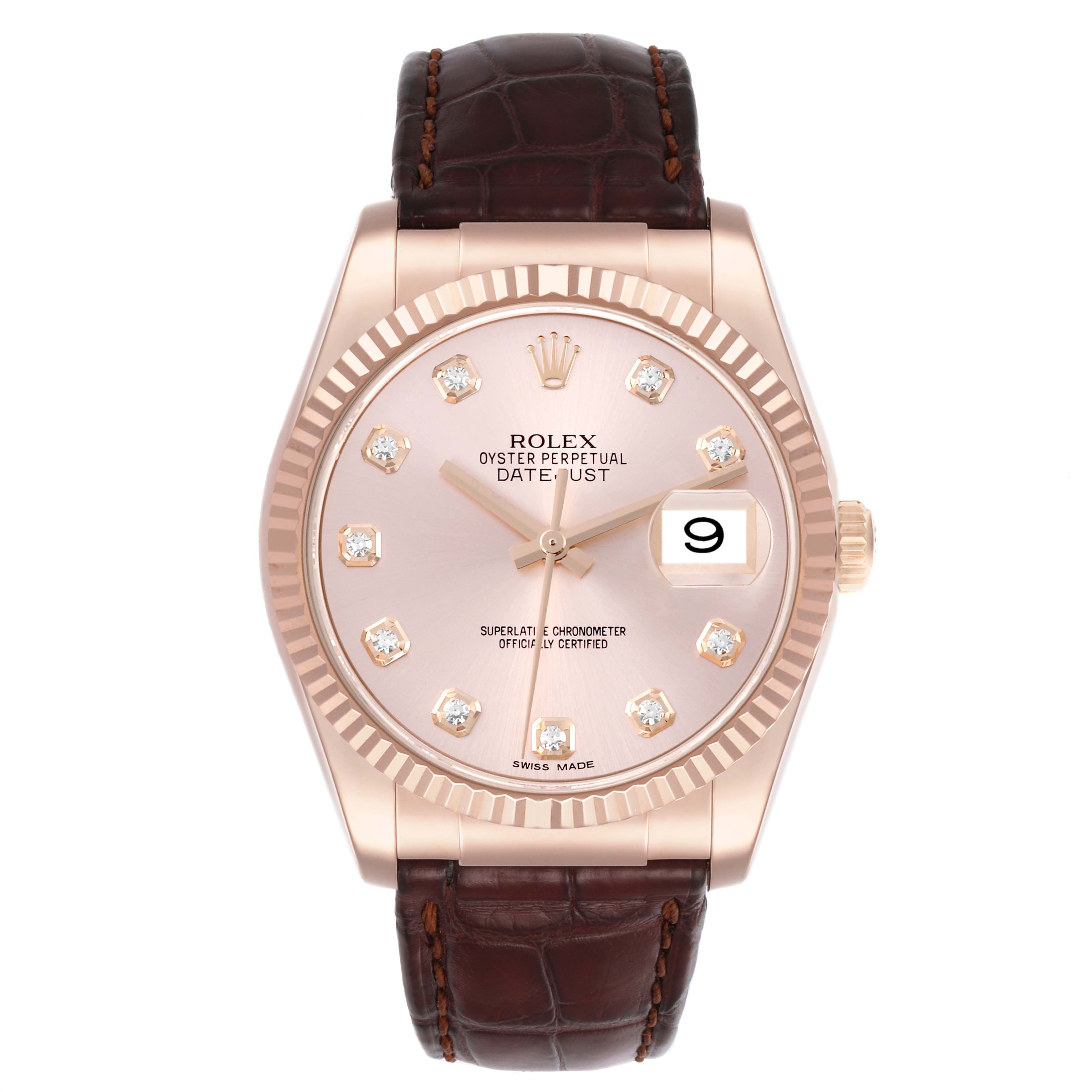 The Rolex Datejust 116135 Men's Rose Gold Pink Dial 116135 Men's Rose Gold Pink Dial watch is shown from a front angle, displaying the dial, bezel, and leather strap.