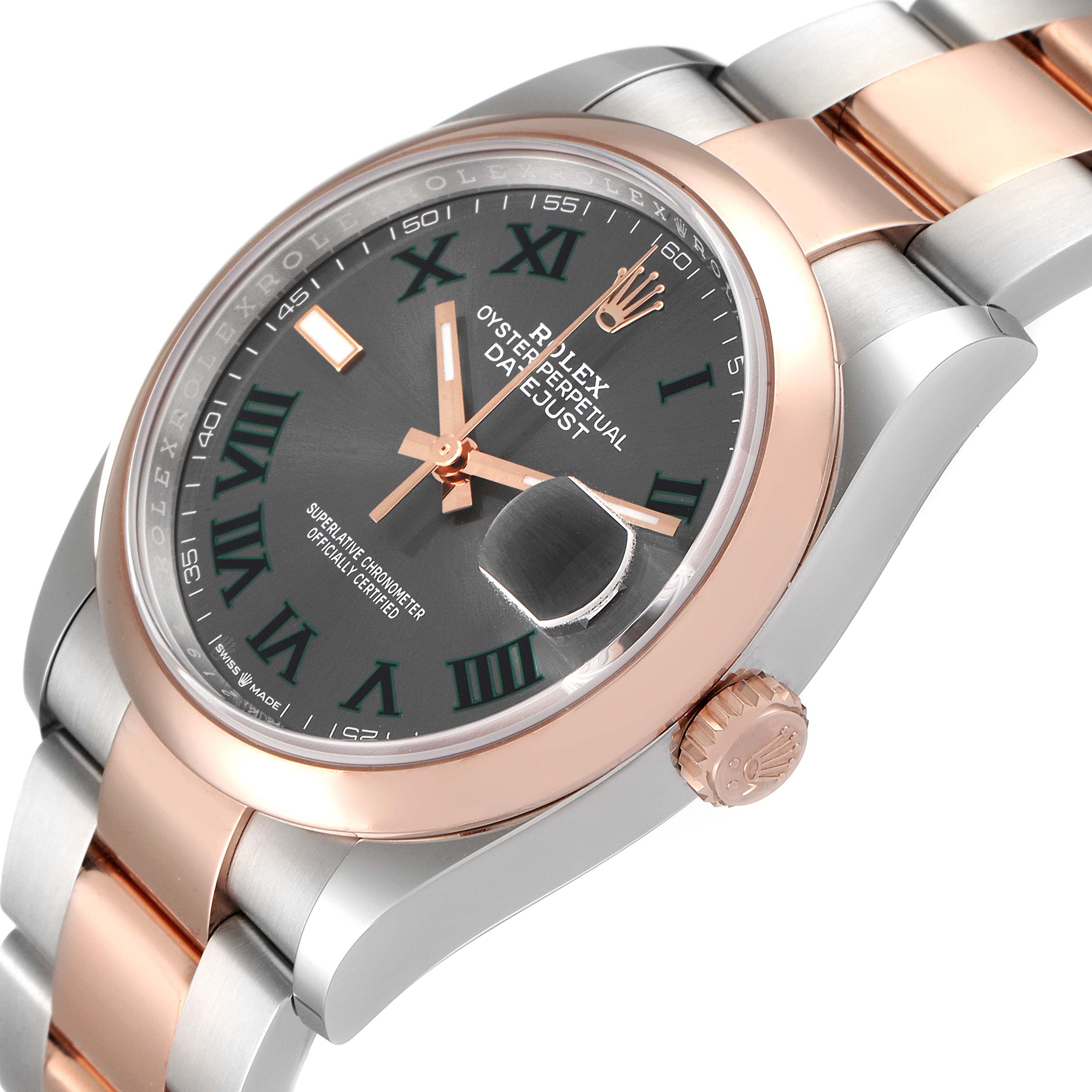 This image shows a close-up angle of the Rolex Datejust 126201 Men
s Steel and Gold (two tone) Grey Dial 126201 Men
s Steel and Gold (two tone) Grey Dial watch, highlighting the dial, bezel, crown, and part of the bracelet.