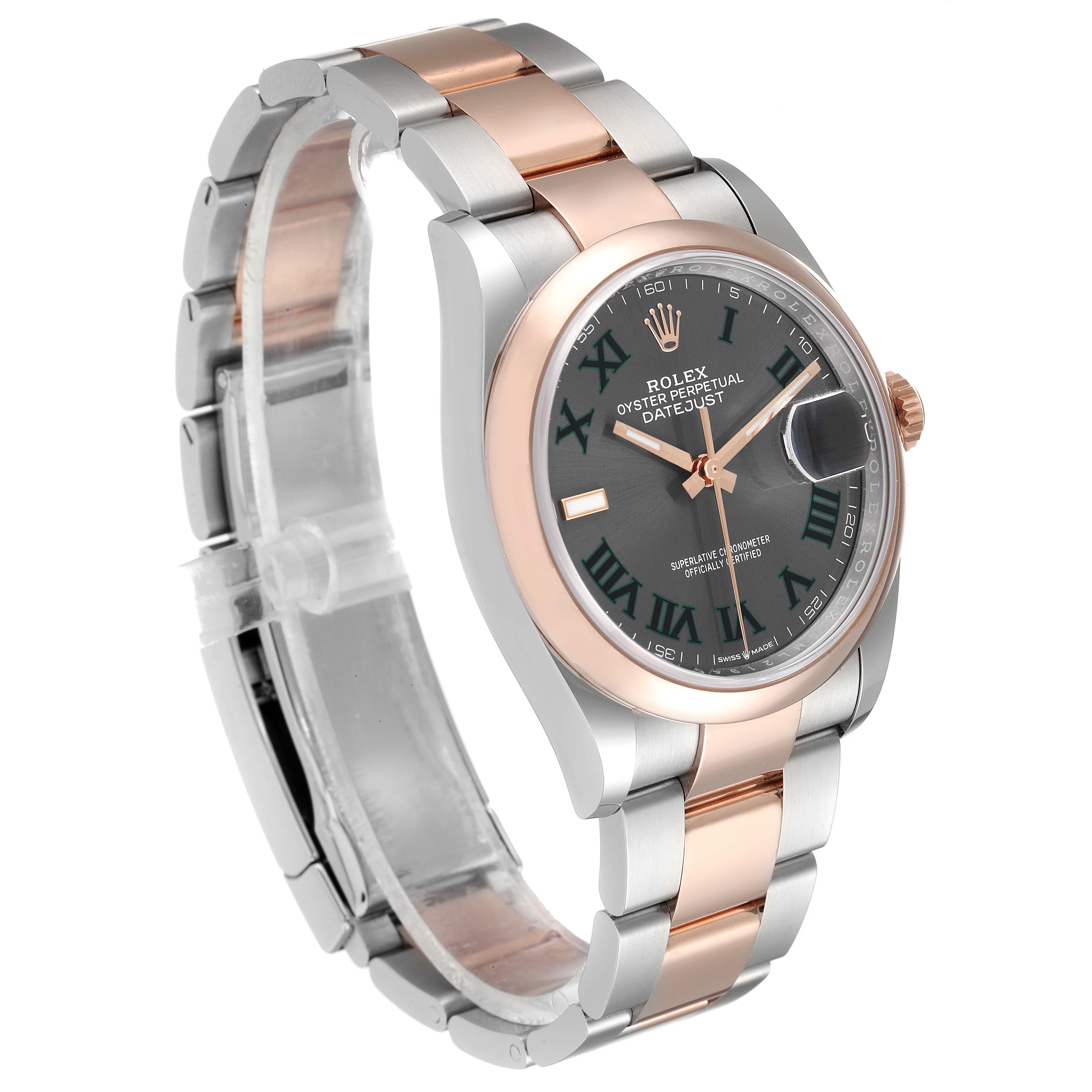 The image shows a Rolex Datejust 126201 Men
s Steel and Gold (two tone) Grey Dial 126201 Men
s Steel and Gold (two tone) Grey Dial watch from an angled side view, highlighting the dial, bezel, and bracelet.