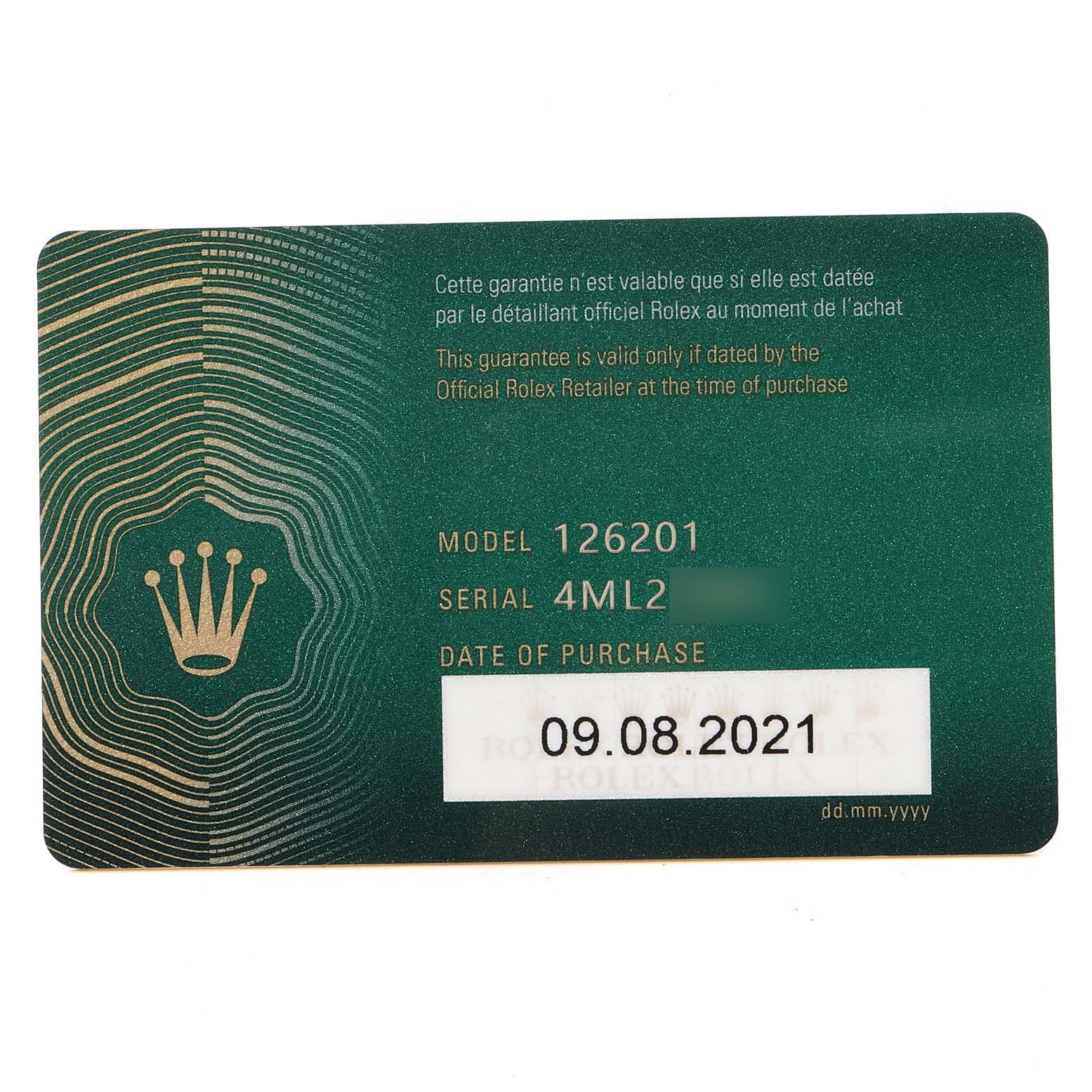 This is an official warranty card for a Rolex Datejust 126201 Men
s Steel and Gold (two tone) Grey Dial 126201 Men
s Steel and Gold (two tone) Grey Dial model 126201, showing the purchase date as 09.08.2021.