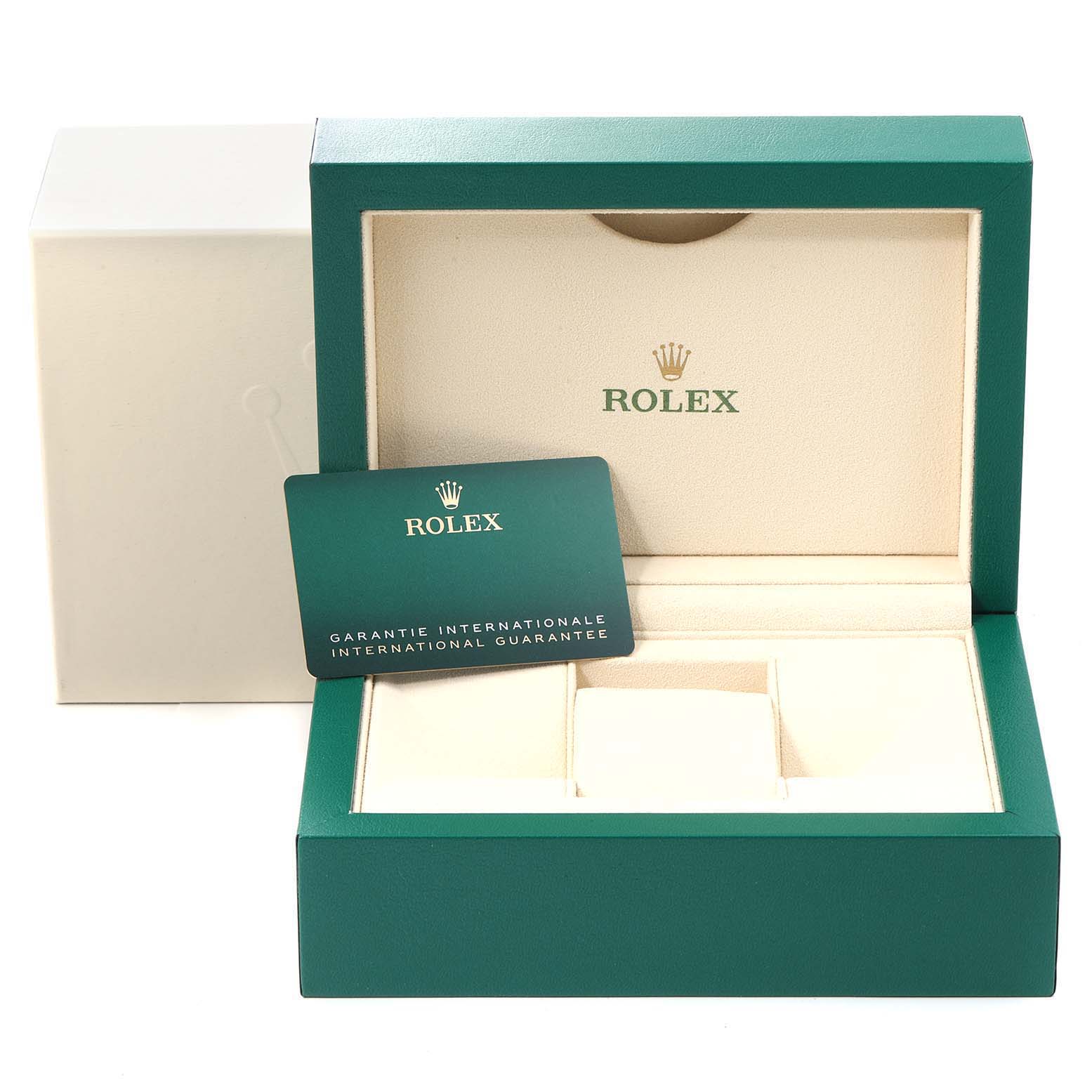 The image shows a Rolex Datejust 126201 Men
s Steel and Gold (two tone) Grey Dial 126201 Men
s Steel and Gold (two tone) Grey Dial watch box with an international guarantee card placed inside the open box.