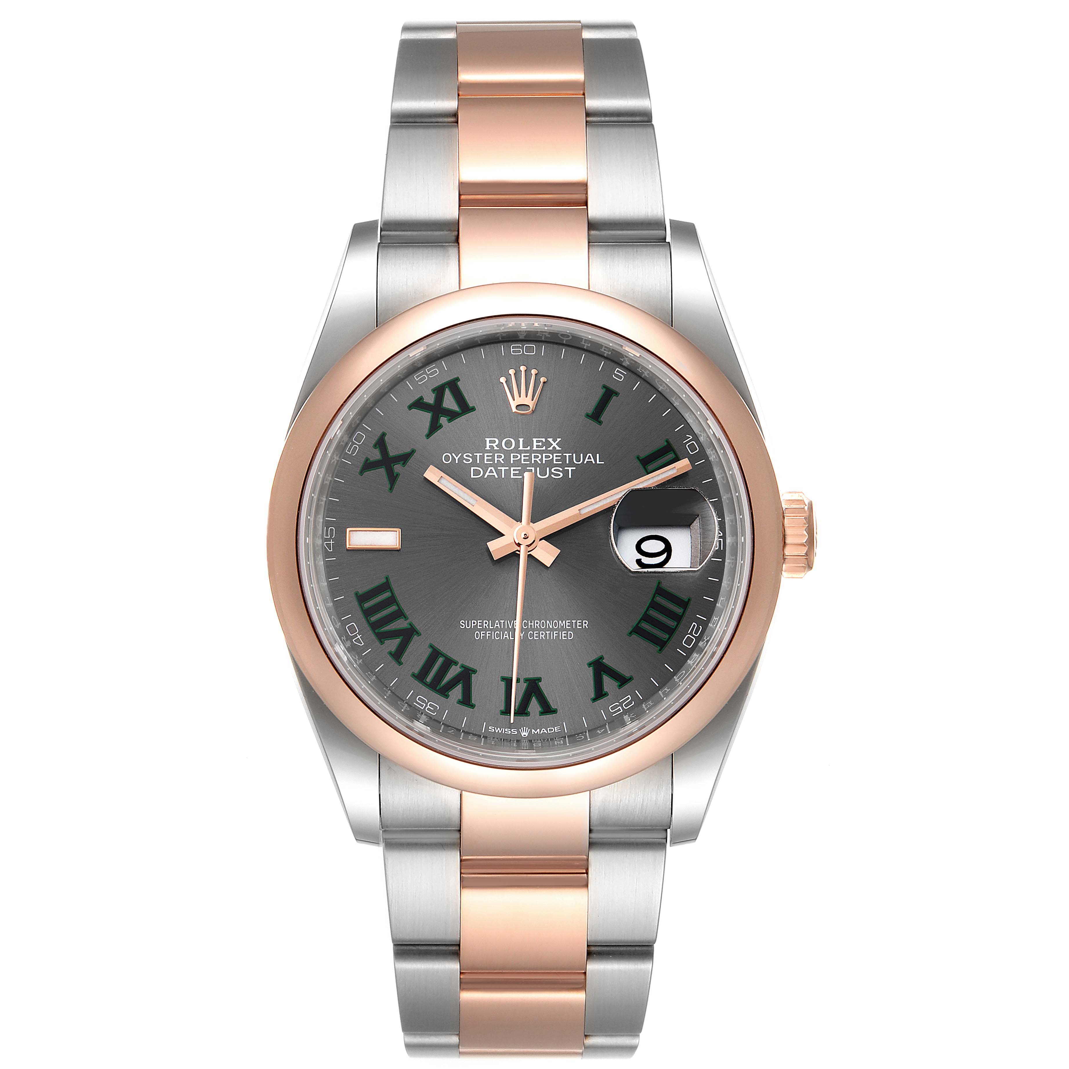 The Rolex Datejust 126201 Men
s Steel and Gold (two tone) Grey Dial 126201 Men
s Steel and Gold (two tone) Grey Dial watch is shown from the front, displaying its face, hands, date window, and two-tone bracelet.