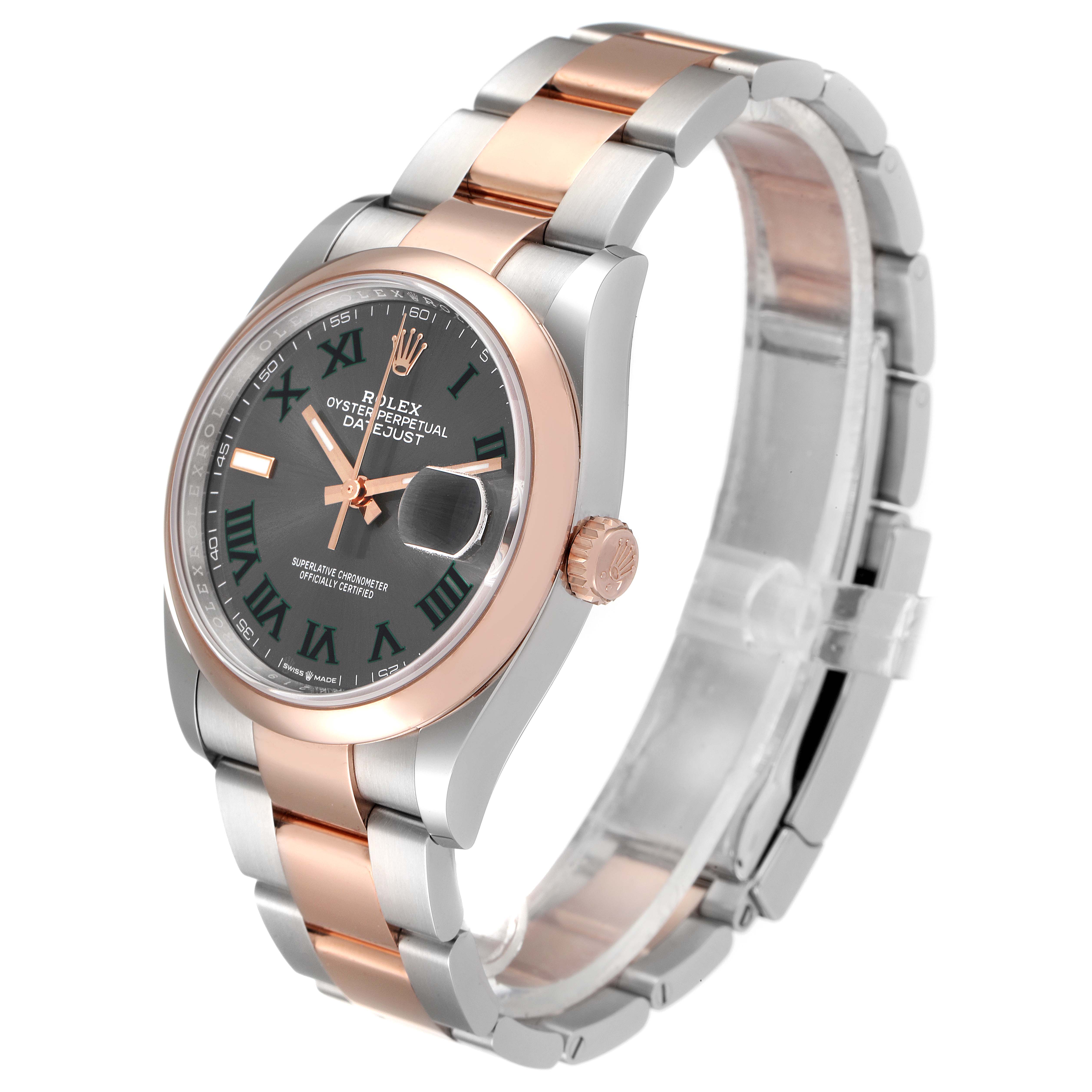 This image shows a side and front view of the Rolex Datejust 126201 Men
s Steel and Gold (two tone) Grey Dial 126201 Men
s Steel and Gold (two tone) Grey Dial watch, highlighting its dial, case, bezel, and bracelet.