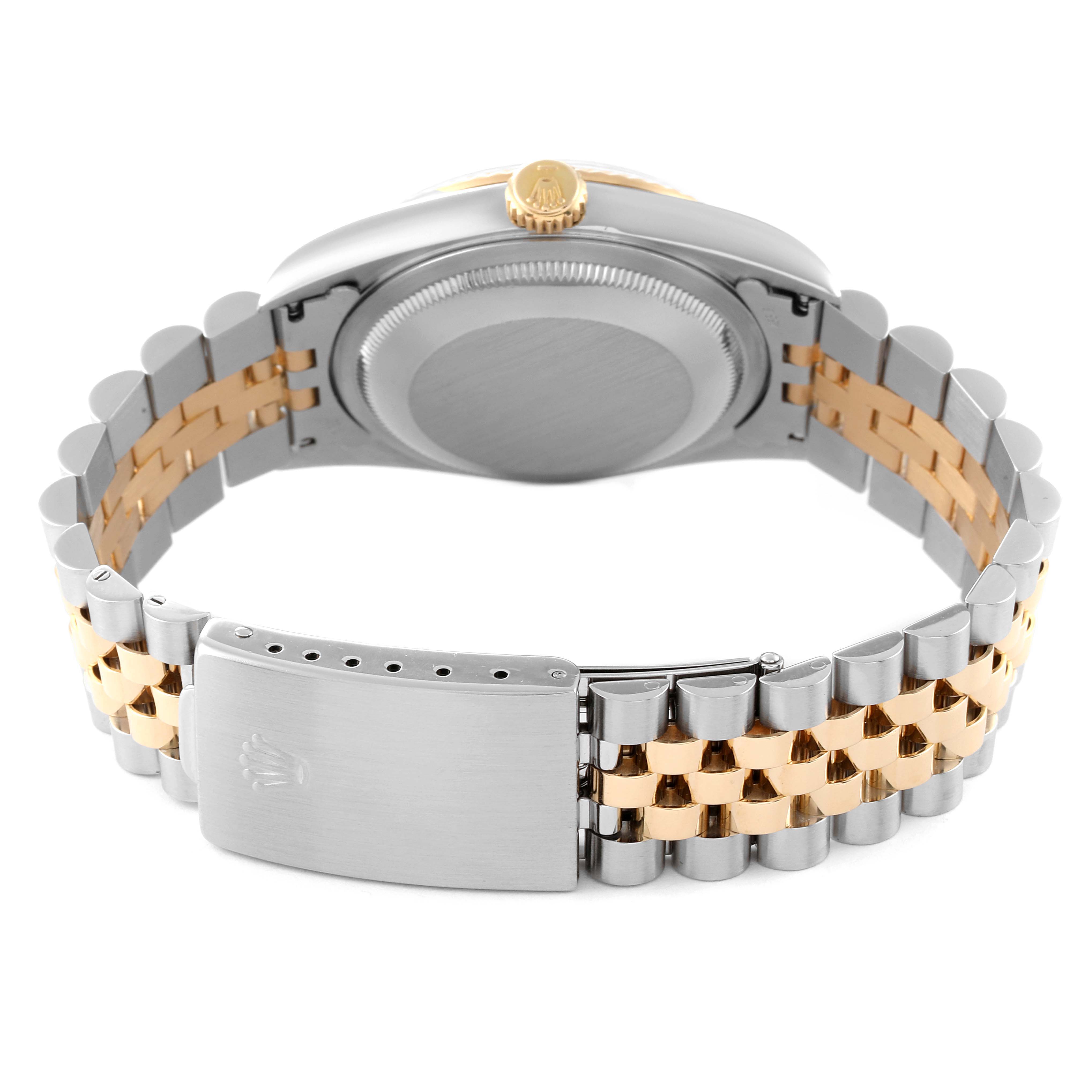 The image shows the back view of a Rolex Datejust 16233 Men's Steel and Gold (two tone) Champagne Dial 16233 Men's Steel and Gold (two tone) Champagne Dial watch highlighting its stainless steel and gold bracelet and the closed clasp.