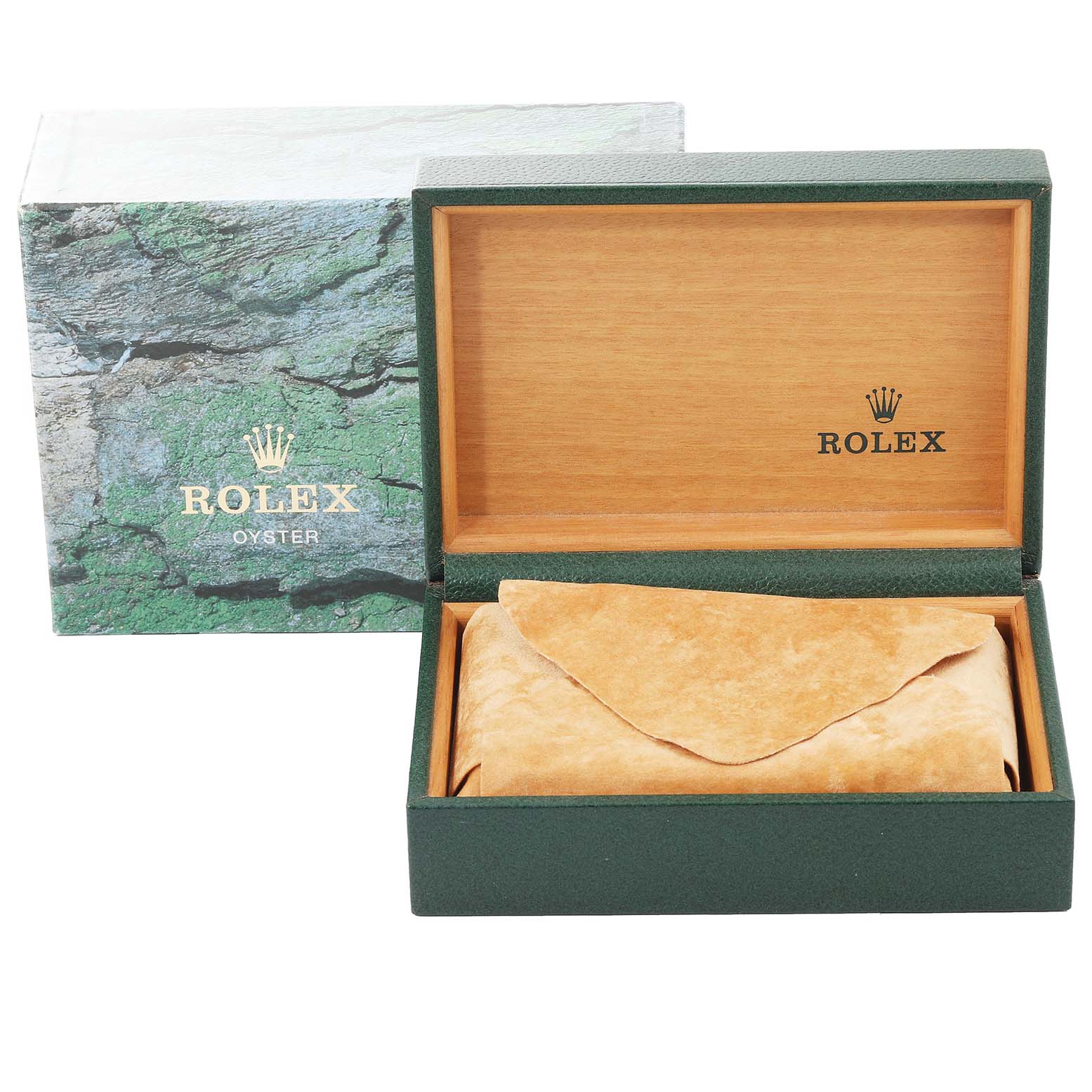 The image shows a Rolex Datejust 16233 Men's Steel and Gold (two tone) Champagne Dial 16233 Men's Steel and Gold (two tone) Champagne Dial watch box with the outer box and the inner box open, revealing the watch wrapped inside.