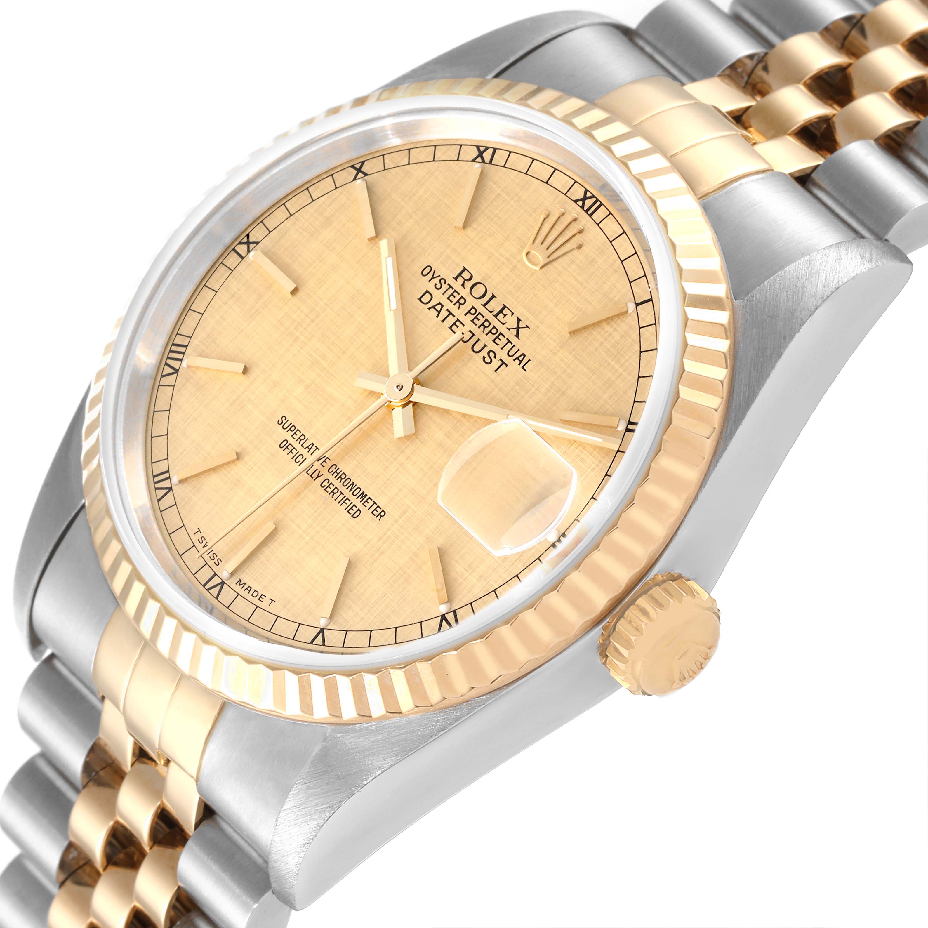 This image shows a Rolex Datejust 16233 Men's Steel and Gold (two tone) Champagne Dial 16233 Men's Steel and Gold (two tone) Champagne Dial watch angled half-side, displaying its dial, fluted bezel, and Jubilee bracelet.