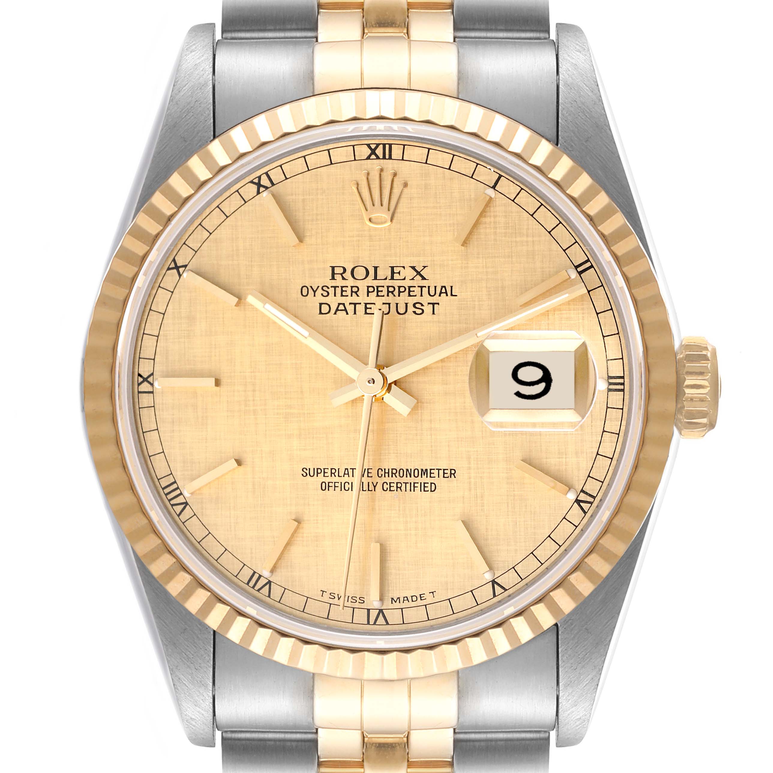 This is a front view of a Rolex Datejust 16233 Men's Steel and Gold (two tone) Champagne Dial 16233 Men's Steel and Gold (two tone) Champagne Dial watch showing the dial, bezel, hands, date window, and part of the bracelet.