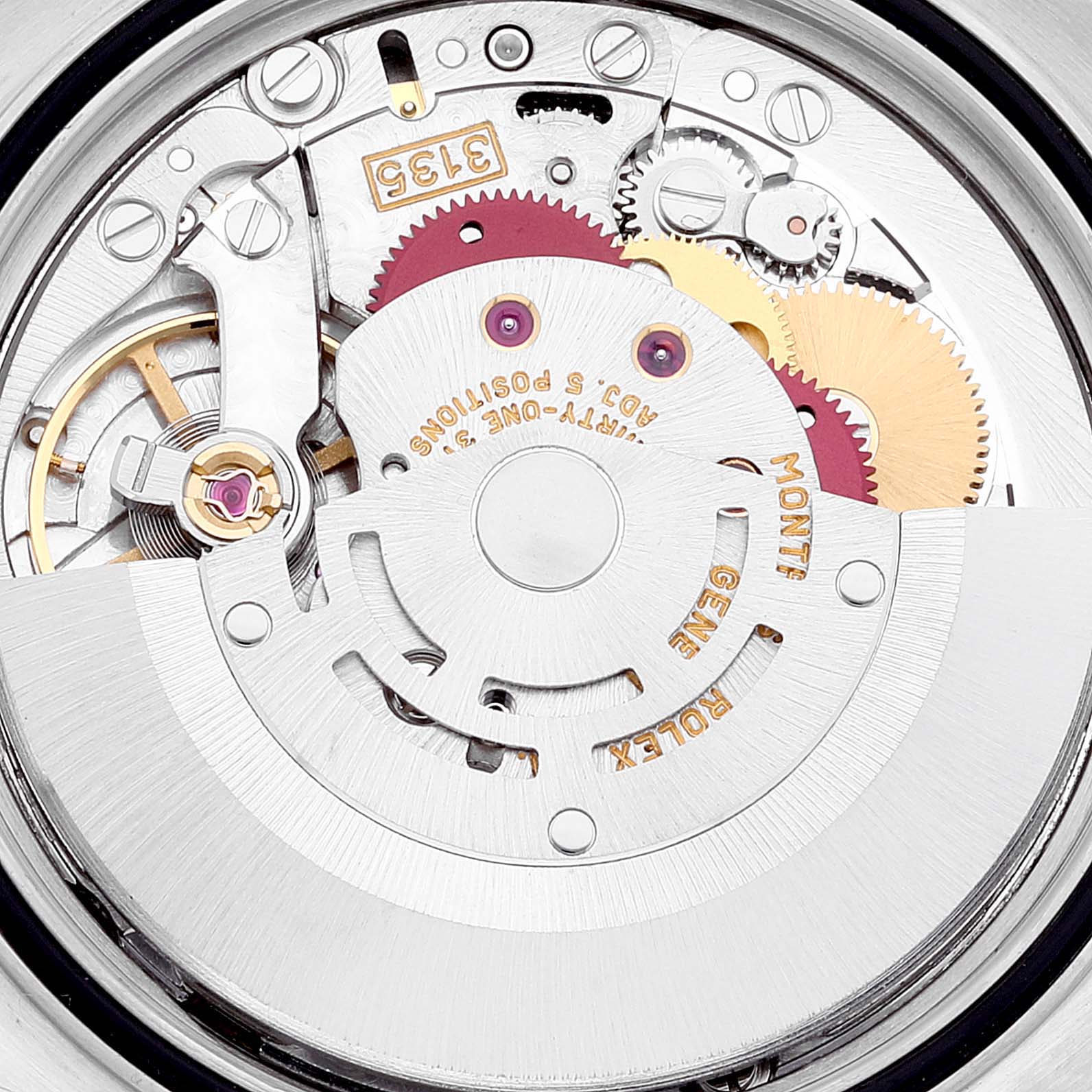 The image shows the movement mechanism of a Rolex Datejust 16233 Men's Steel and Gold (two tone) Champagne Dial 16233 Men's Steel and Gold (two tone) Champagne Dial model from a rear, detailed angle.