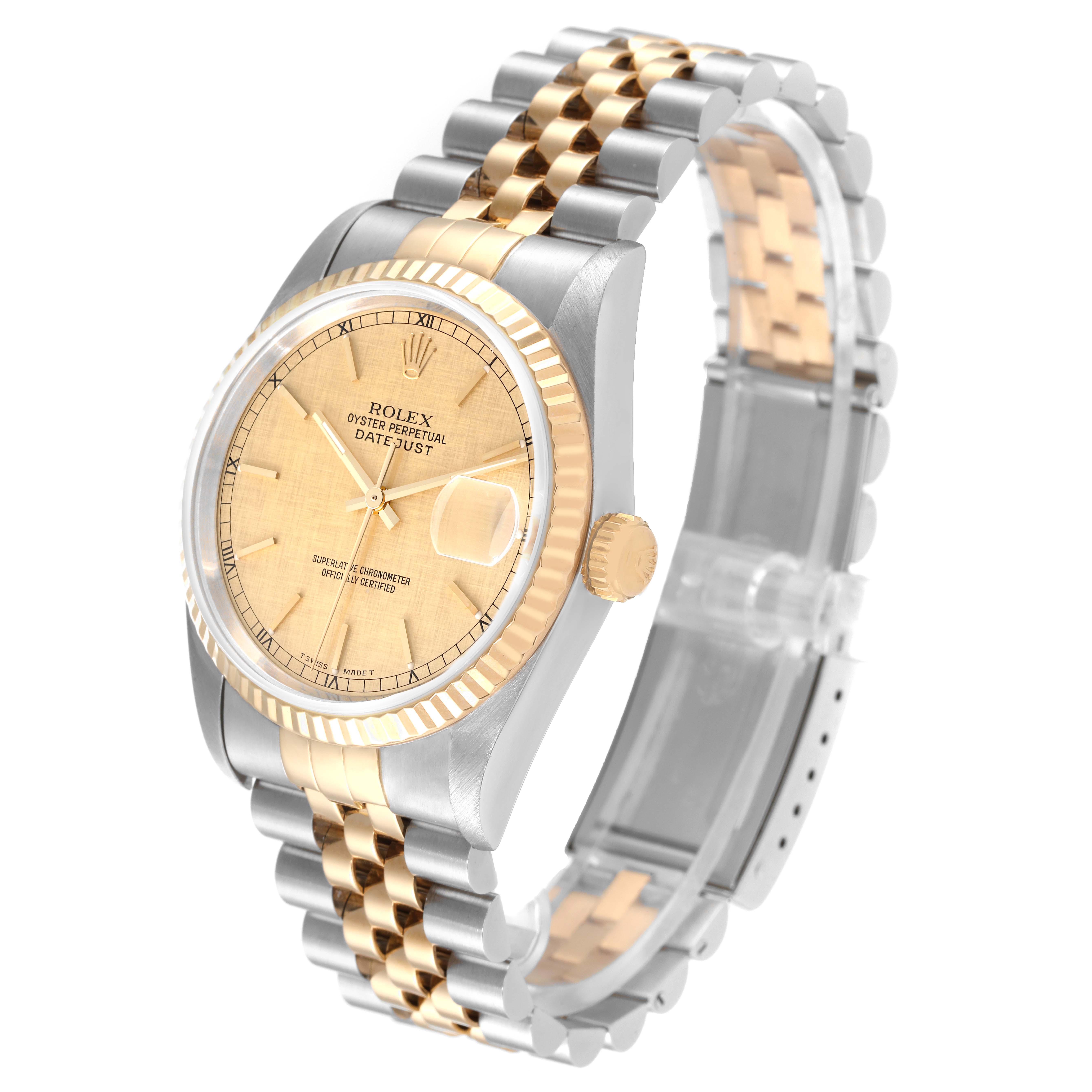 The image shows a side angle of the Rolex Datejust 16233 Men's Steel and Gold (two tone) Champagne Dial 16233 Men's Steel and Gold (two tone) Champagne Dial watch, highlighting its case, dial, bezel, crown, and bracelet.