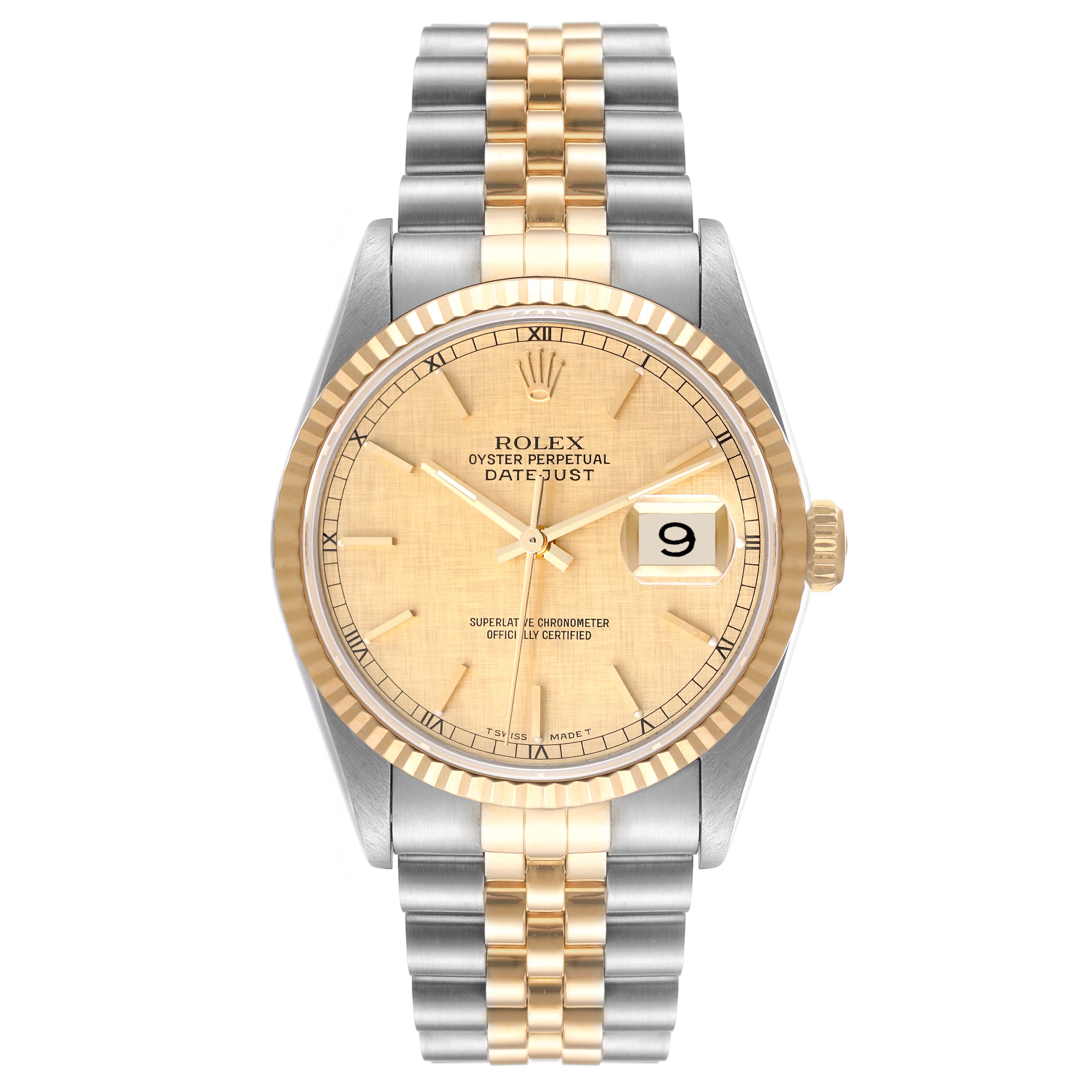 The Rolex Datejust 16233 Men's Steel and Gold (two tone) Champagne Dial 16233 Men's Steel and Gold (two tone) Champagne Dial watch is shown from the front, displaying the dial, bezel, and Jubilee bracelet.