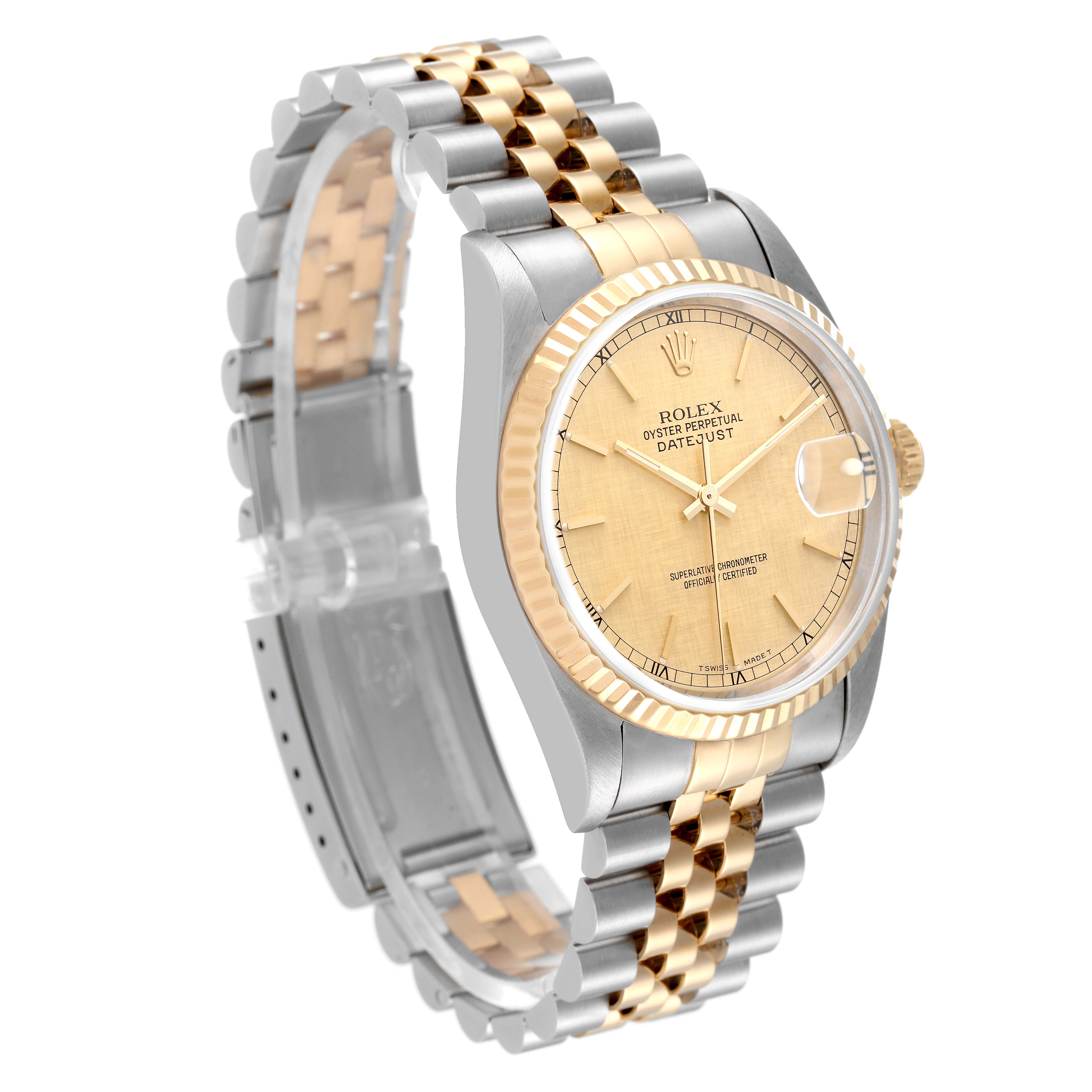 The Rolex Datejust 16233 Men's Steel and Gold (two tone) Champagne Dial 16233 Men's Steel and Gold (two tone) Champagne Dial watch is shown at a three-quarter angle, displaying the dial, bezel, and bracelet.