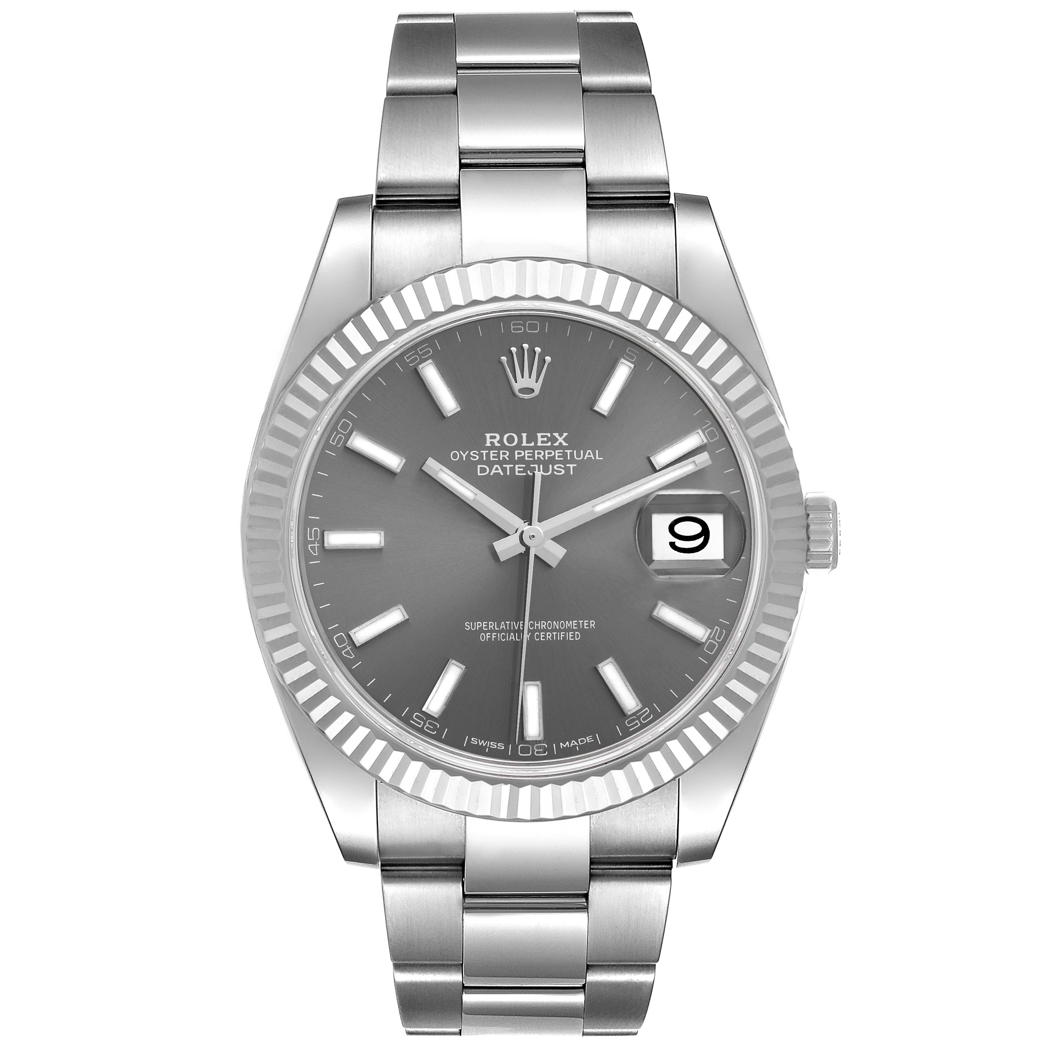 The Rolex Datejust 41 126334 Men
s Stainless Steel Grey Dial 126334 Men
s Stainless Steel Grey Dial watch is shown from a front angle, highlighting its face, bracelet, and bezel.