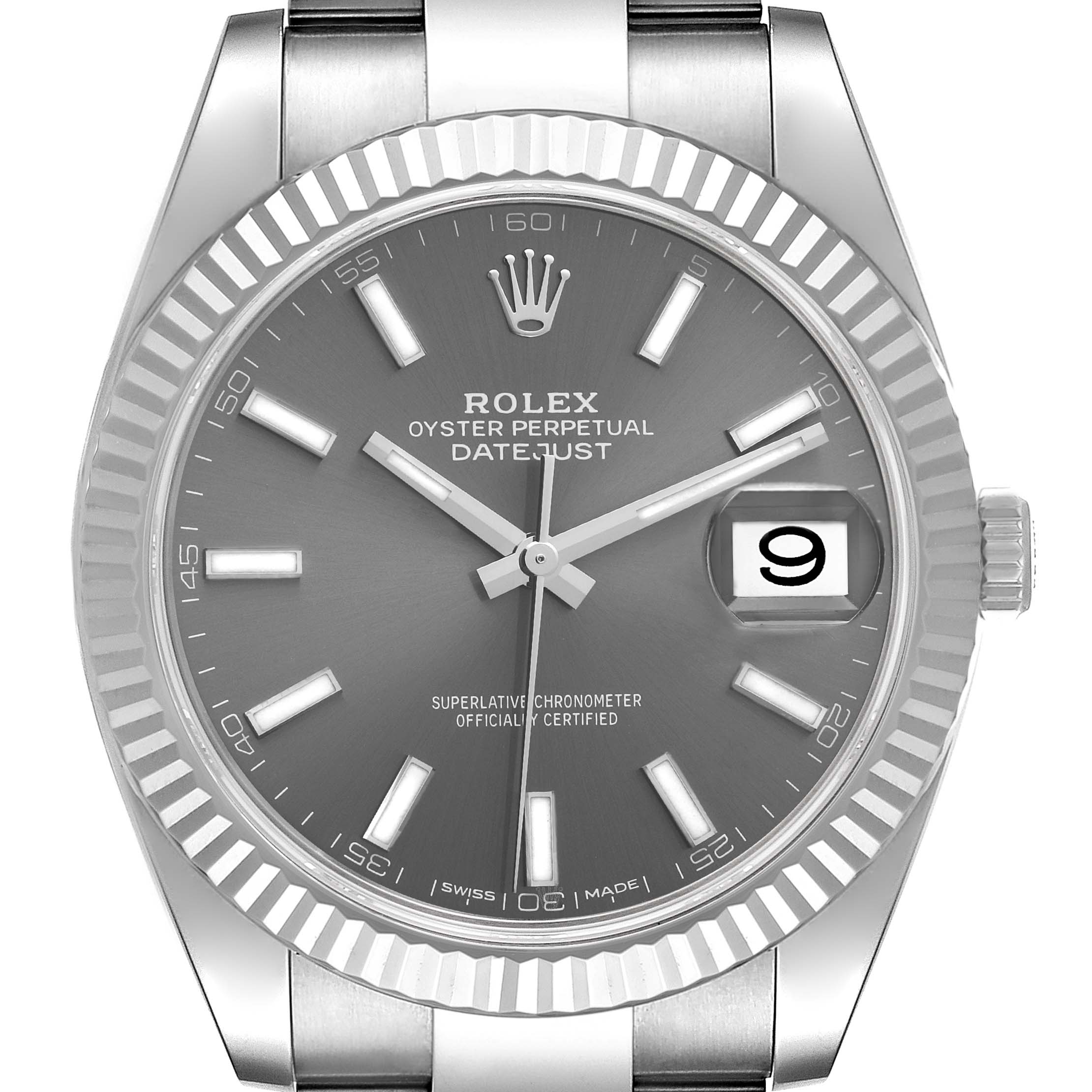 This is a front view of the Rolex Datejust 41 126334 Men
s Stainless Steel Grey Dial 126334 Men
s Stainless Steel Grey Dial watch, showcasing its dial, hands, markers, and date window.