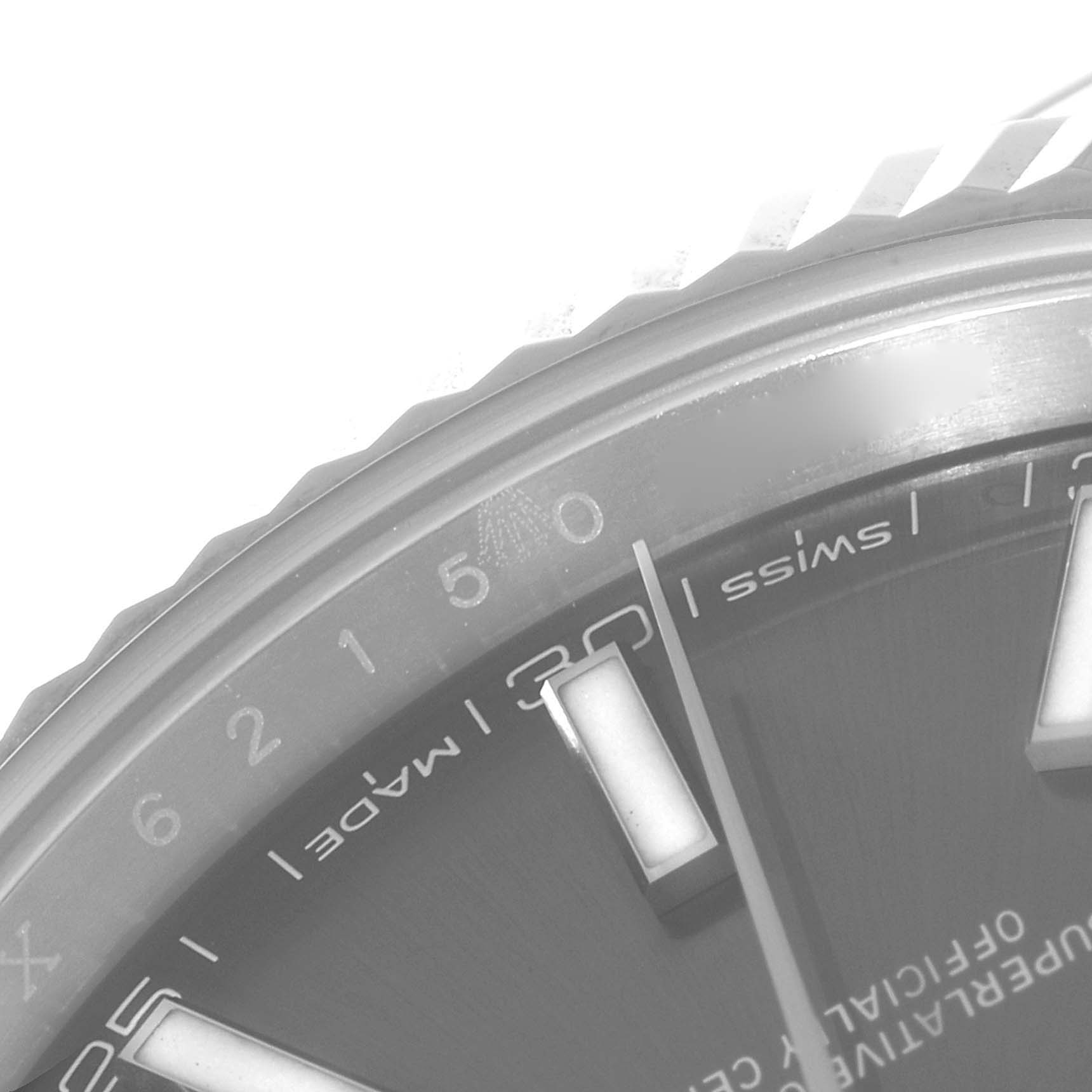 This image shows a close-up of the dial and a partial bezel of a Rolex Datejust 41 126334 Men
s Stainless Steel Grey Dial 126334 Men
s Stainless Steel Grey Dial watch.