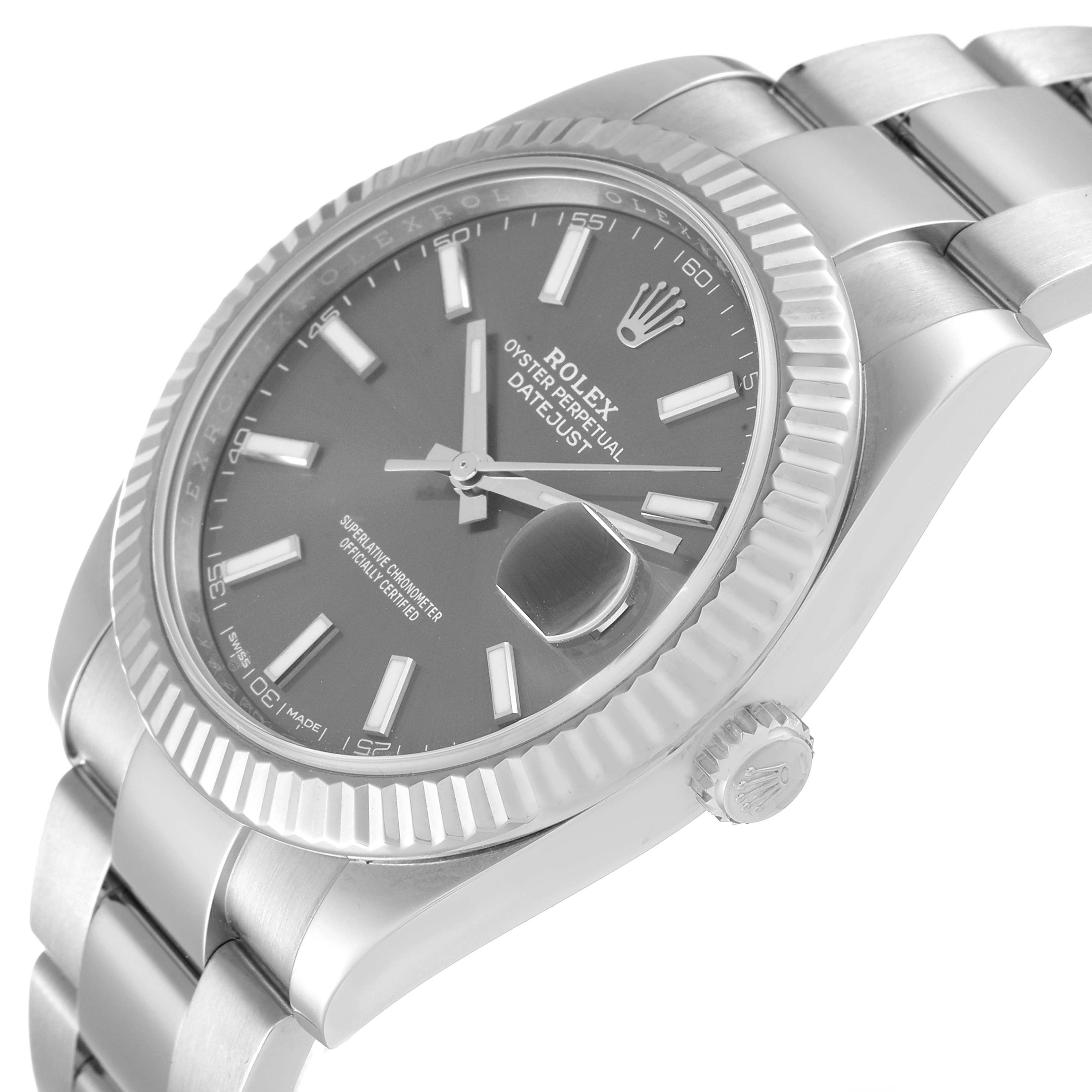 The image shows an angled view of the Rolex Datejust 41 126334 Men
s Stainless Steel Grey Dial 126334 Men
s Stainless Steel Grey Dial watch, highlighting the face, bezel, and part of the bracelet.