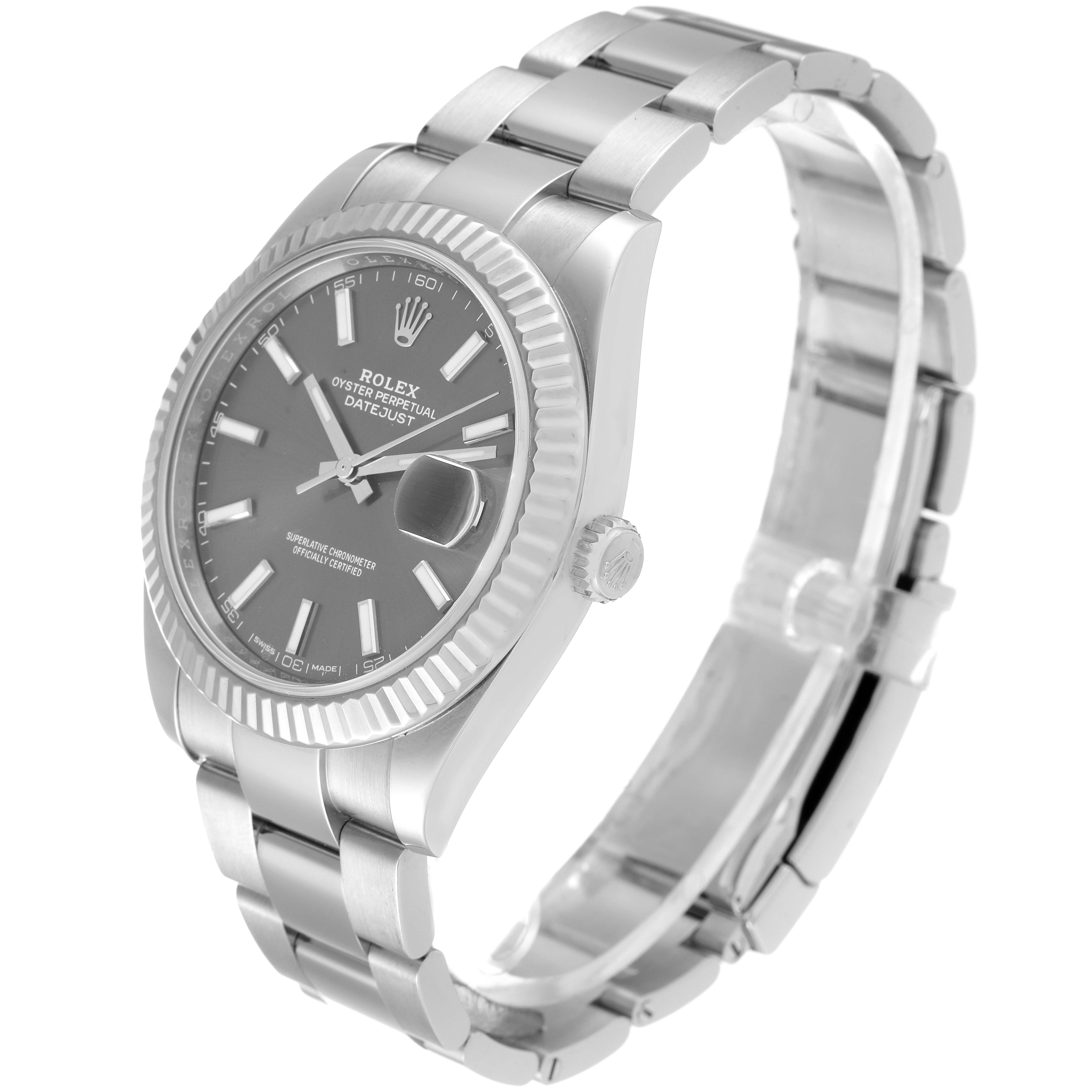 The image shows a Rolex Datejust 41 126334 Men
s Stainless Steel Grey Dial 126334 Men
s Stainless Steel Grey Dial watch at a tilted angle, highlighting the face, bezel, crown, and bracelet.