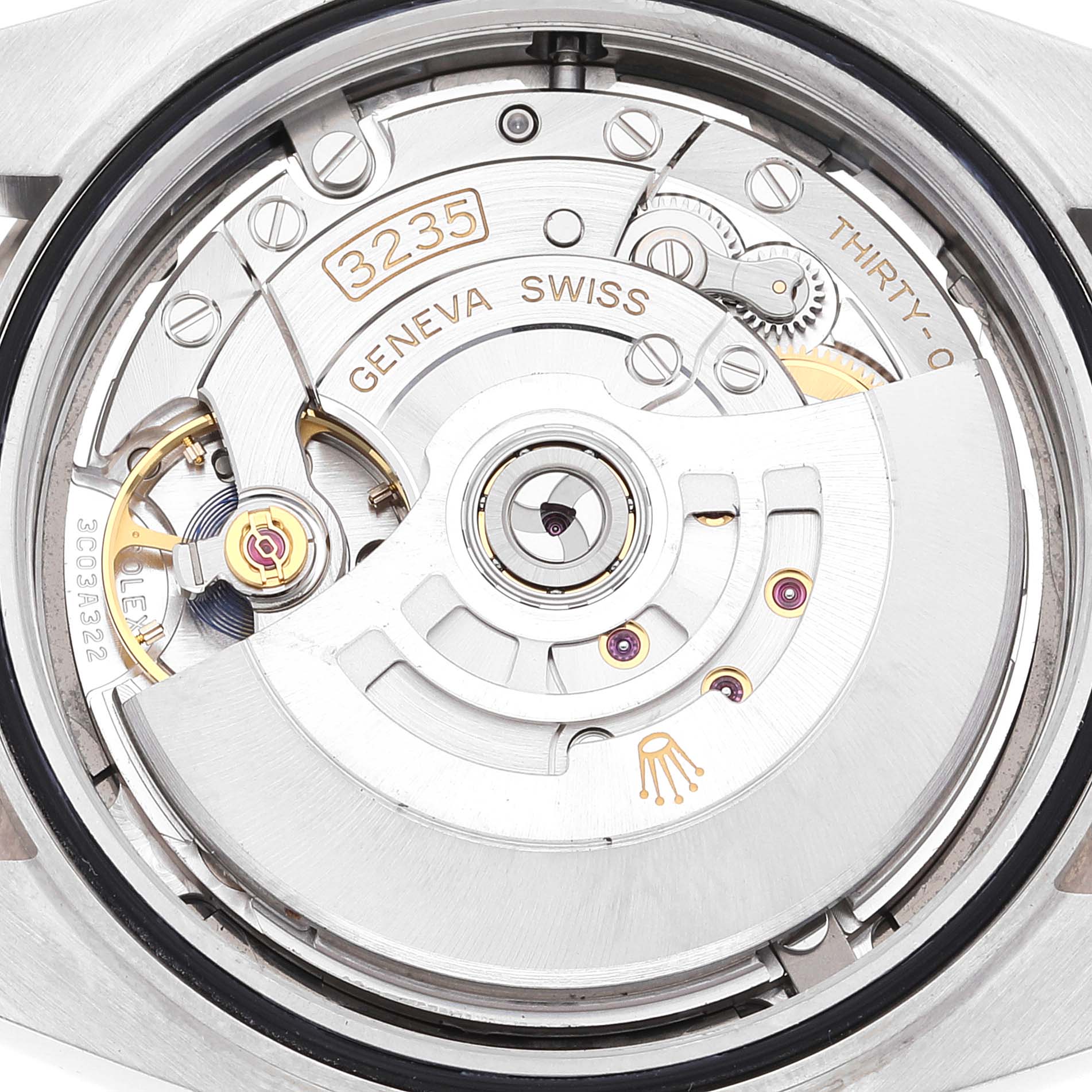 This image shows the movement and inner workings of a Rolex Datejust 41 126334 Men
s Stainless Steel Grey Dial 126334 Men
s Stainless Steel Grey Dial model, viewed from the back.
